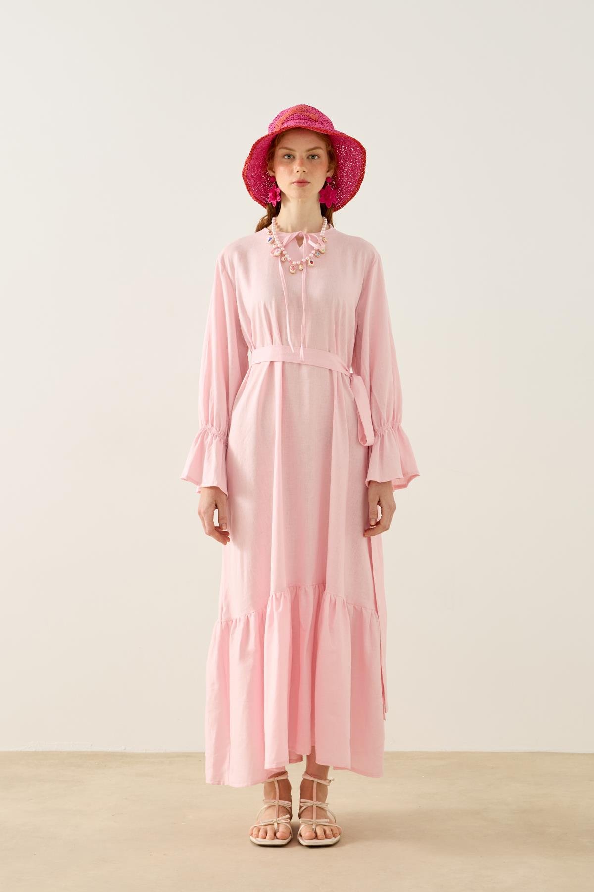 Isolde Kemerli Keten Elbise - Pembe