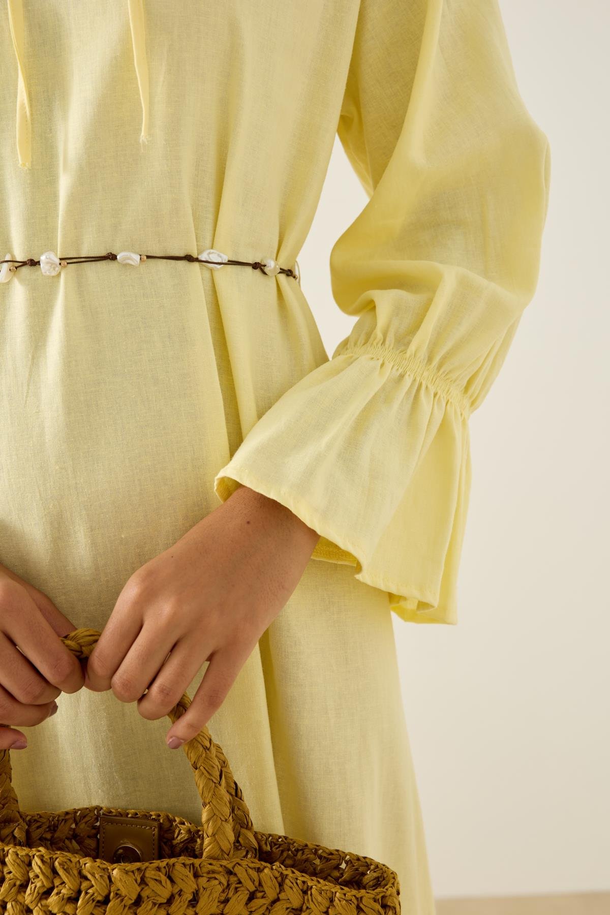 Isolde Kemerli Keten Elbise  - Sarı 