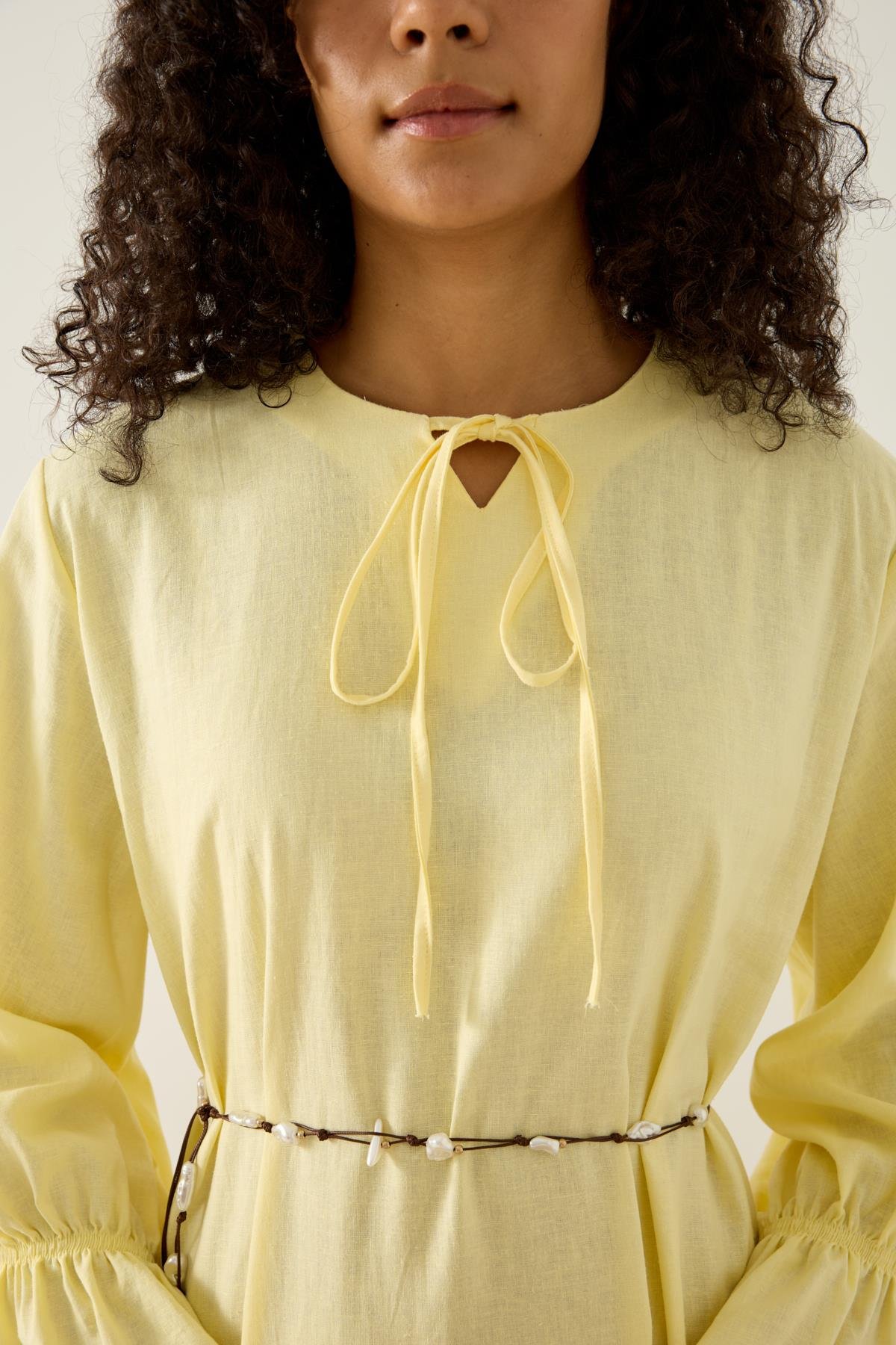 Isolde Kemerli Keten Elbise  - Sarı 