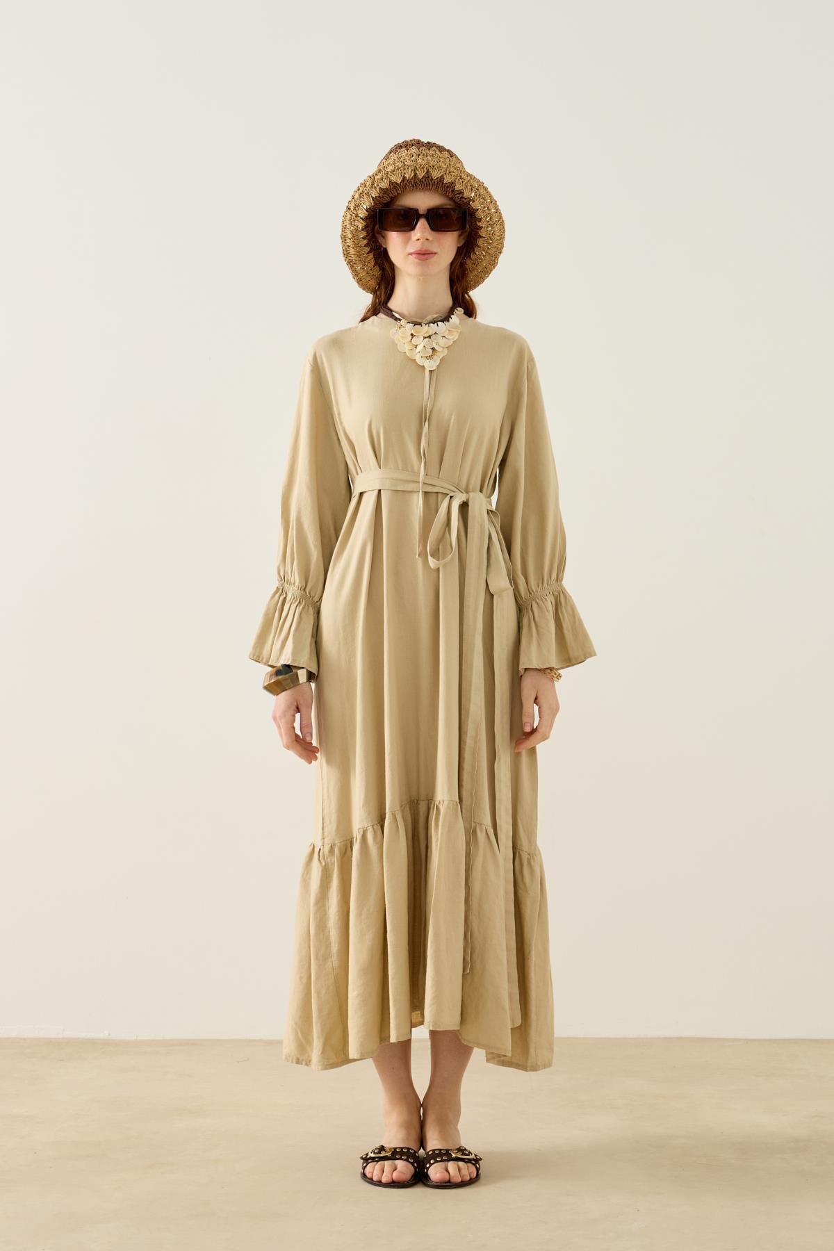 Isolde Kemerli Keten Elbise - Vizon