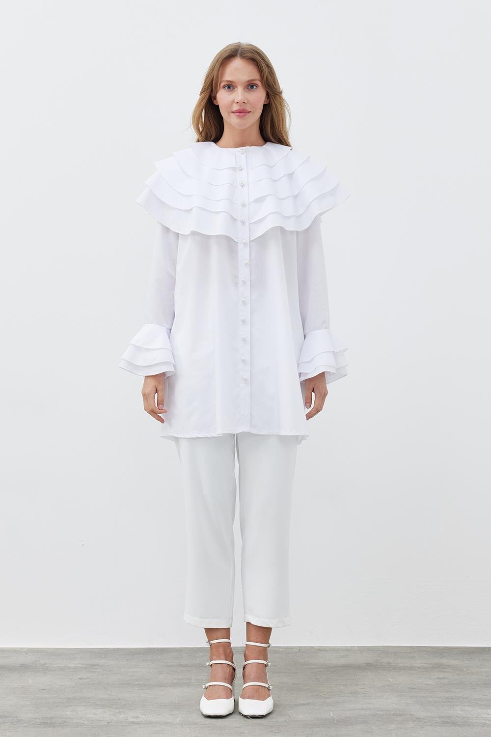 IVORY KAT YAKA İNCİ DÜĞMELİ GÖMLEK- BEYAZ