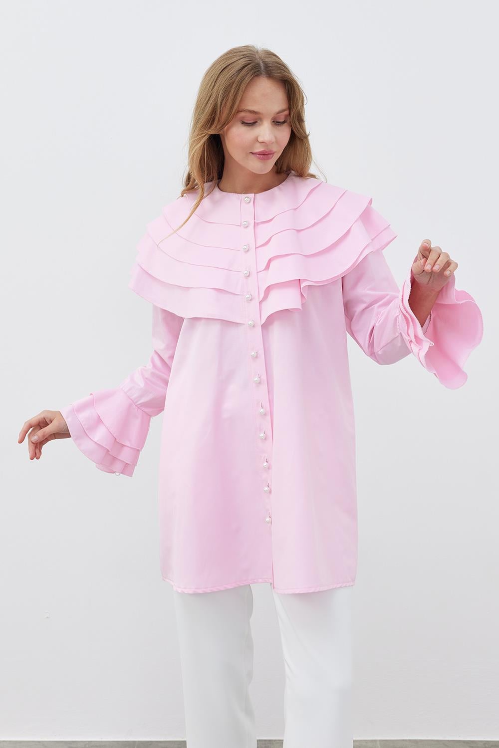 IVORY KAT YAKA İNCİ DÜĞMELİ GÖMLEK - PEMBE
