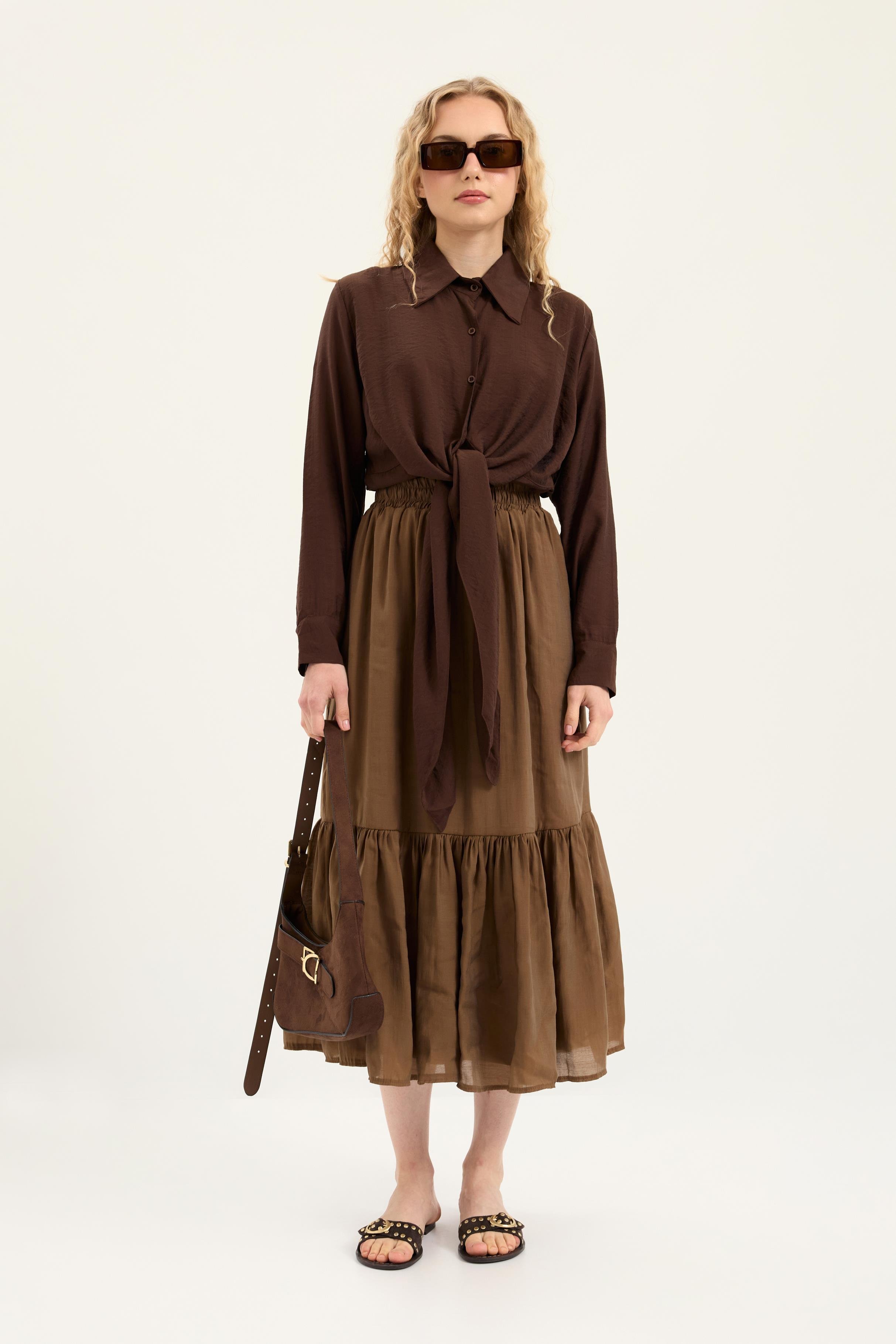 İzel Önden Bağlamalı Gömlek - Kahverengi