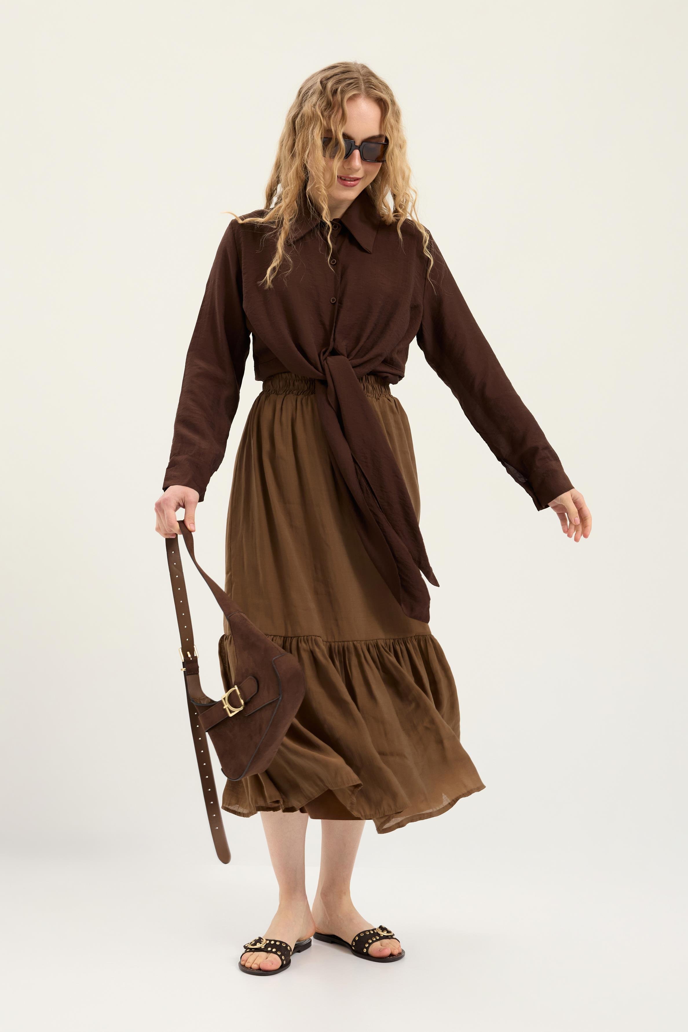 İzel Önden Bağlamalı Gömlek - Kahverengi