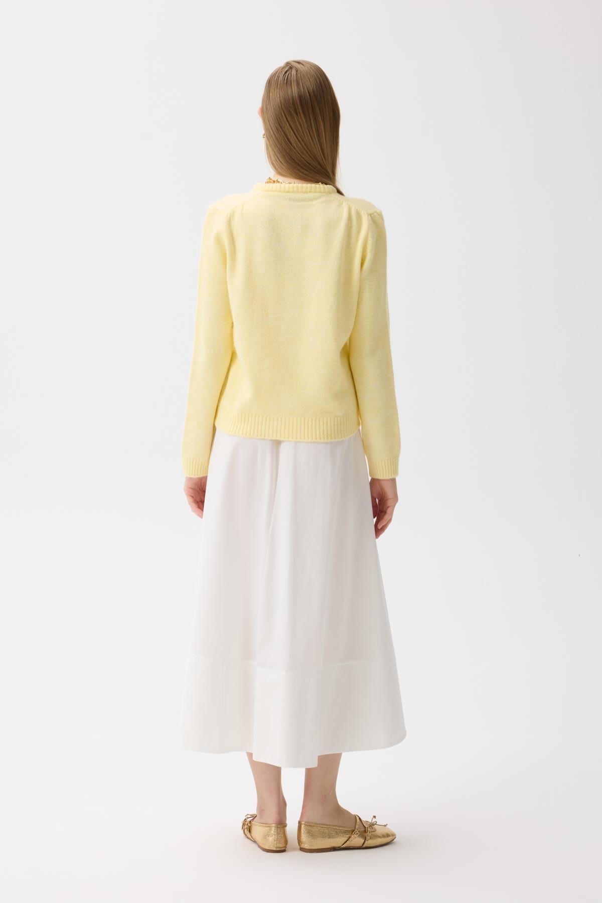 James Dikişli Kloş Poplin Etek - Beyaz