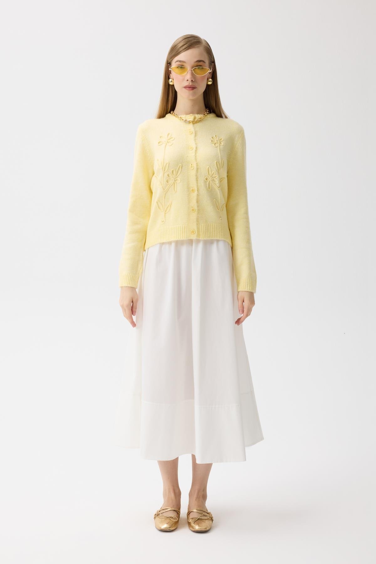 James Dikişli Kloş Poplin Etek - Beyaz