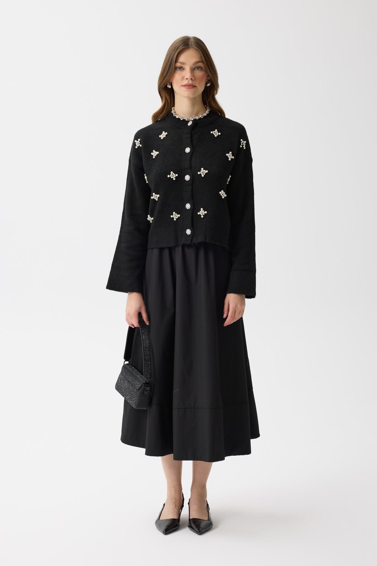 James Dikişli Kloş Poplin Etek - Siyah 