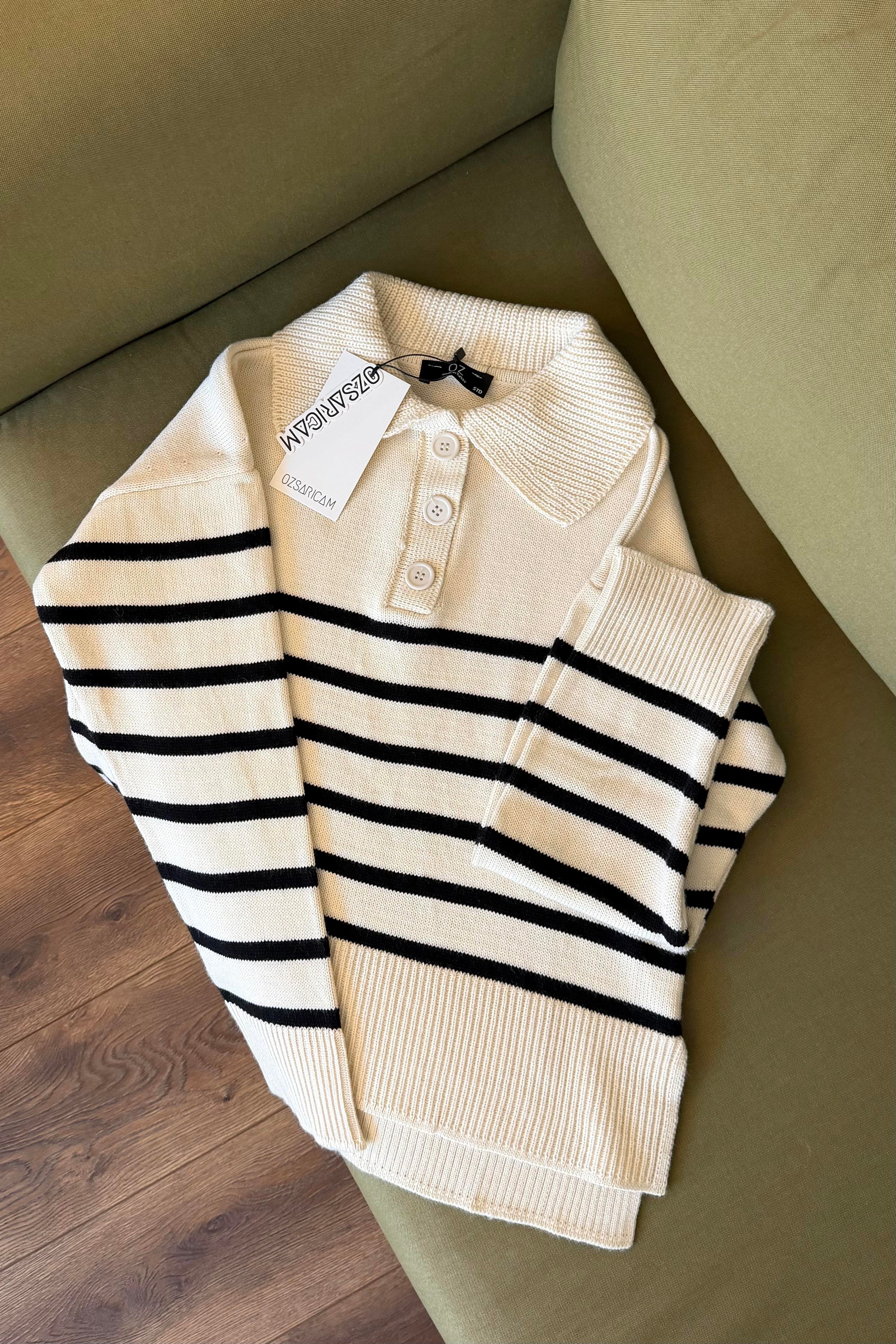 Jamie Çizgili Triko Hırka - Bej