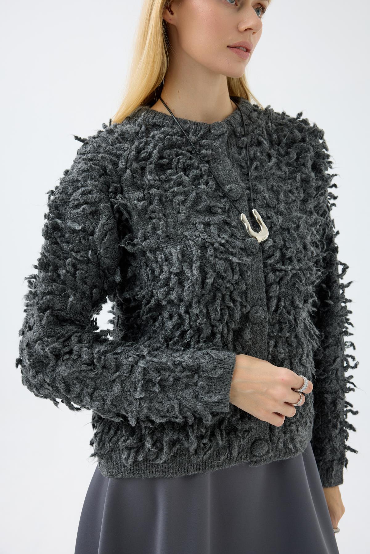 Jane Saçaklı Hırka - Antrasit 