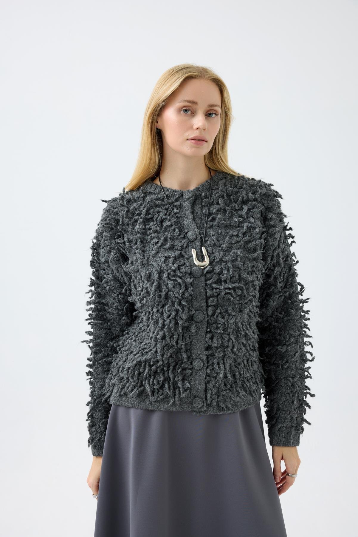 Jane Saçaklı Hırka - Antrasit 