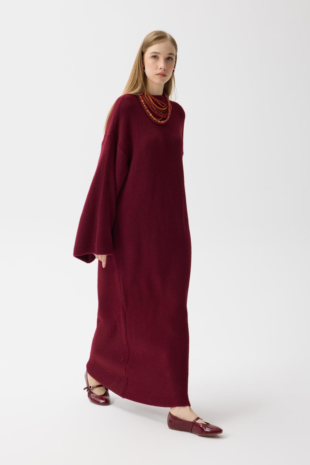 Jean Peluş Elbise - Bordo