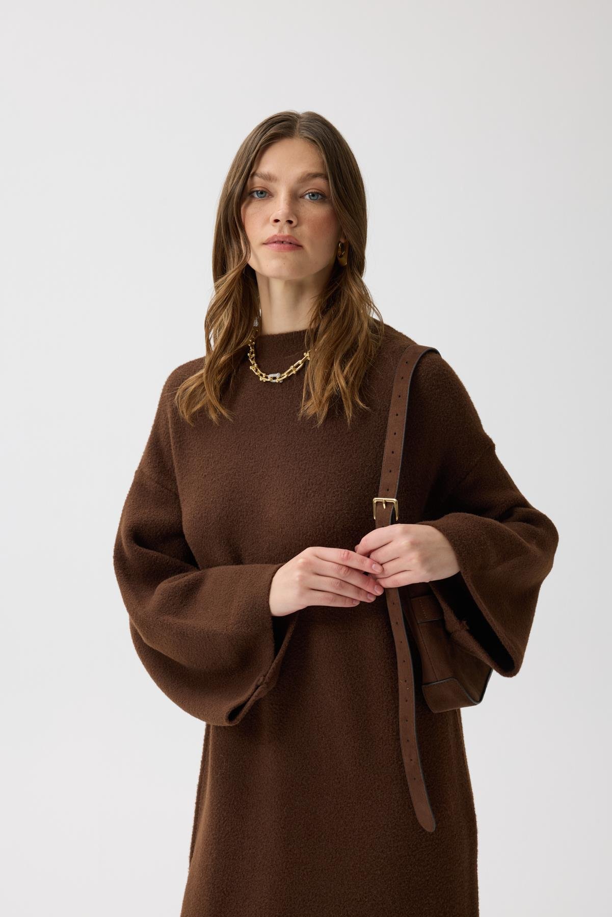 Jean Peluş Elbise - Kahverengi 