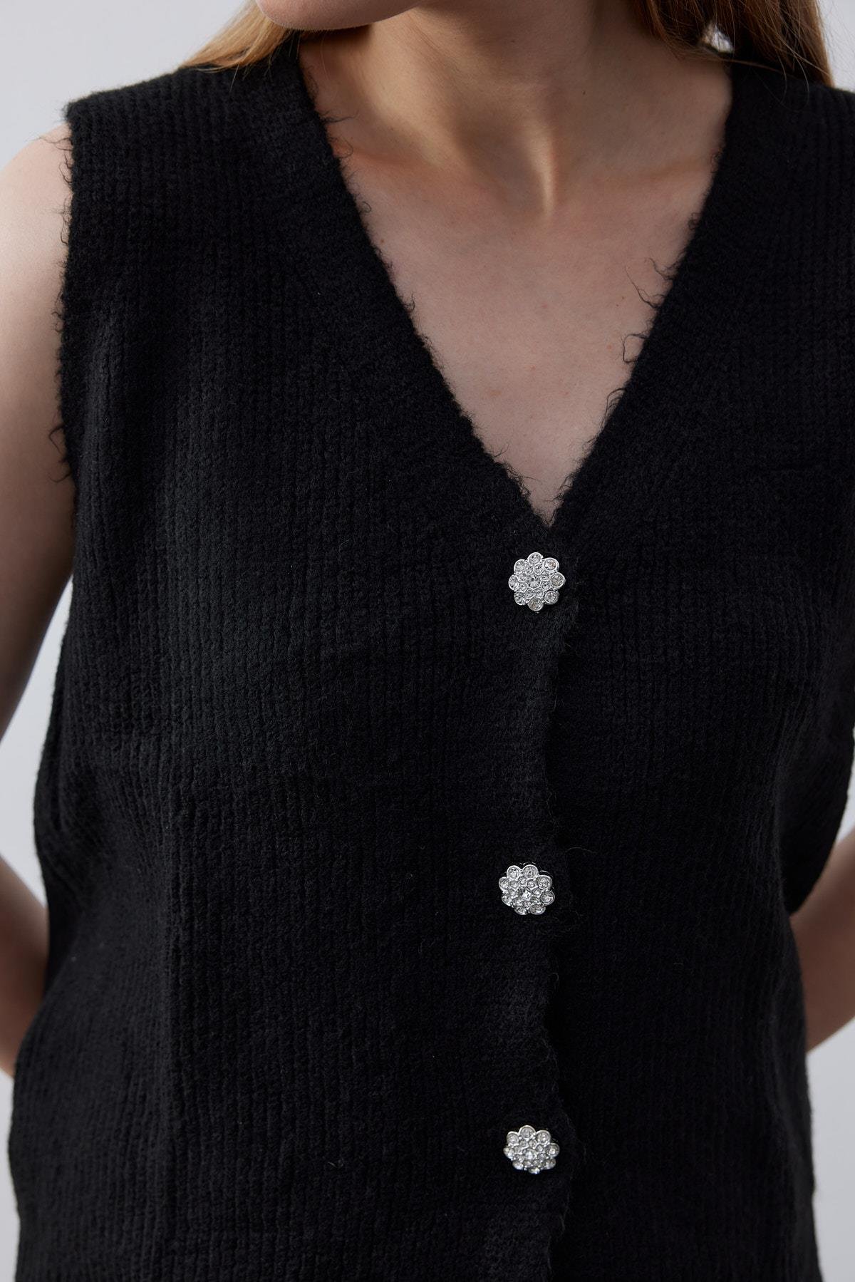 Jess Taş Düğmeli Triko Süveter-Siyah