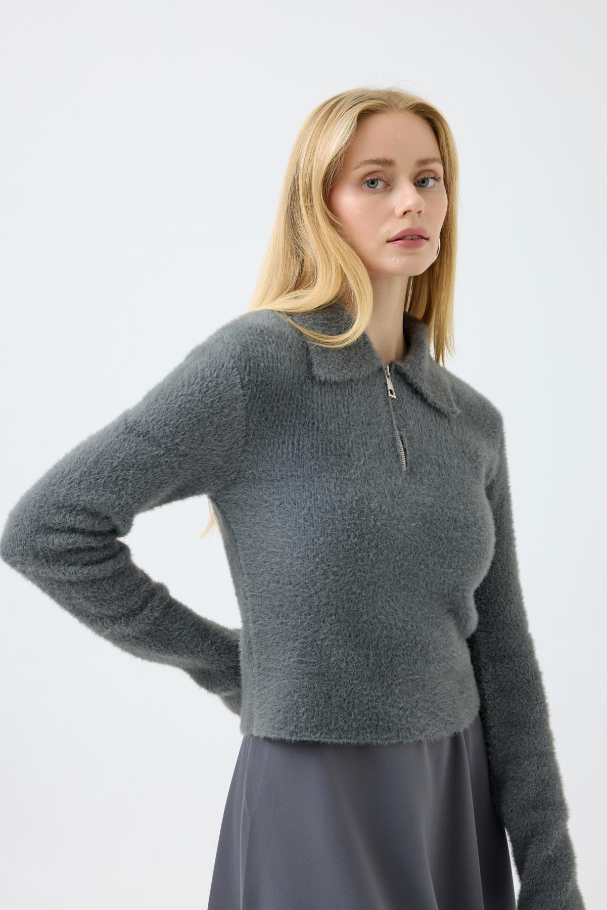 Joan Fermuarlı Triko Kazak - Antrasit