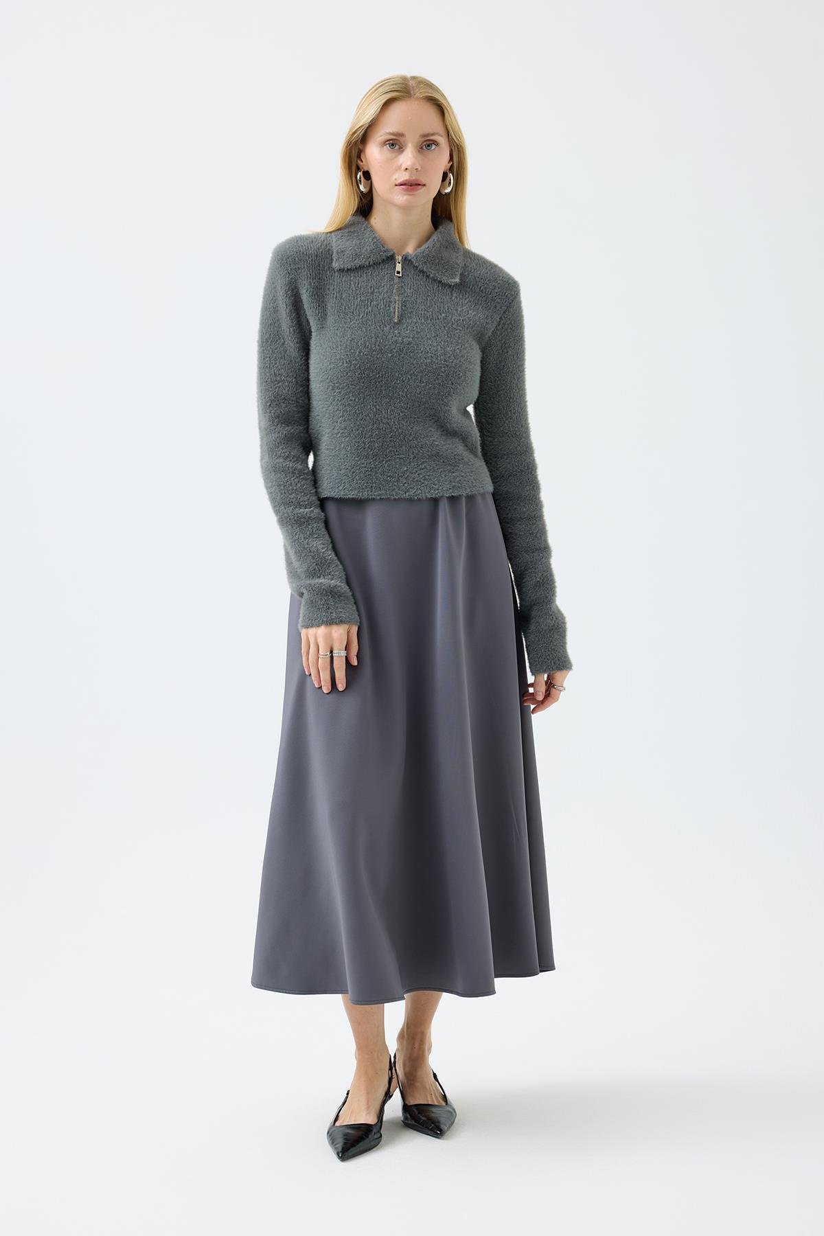 Joan Fermuarlı Triko Kazak - Antrasit