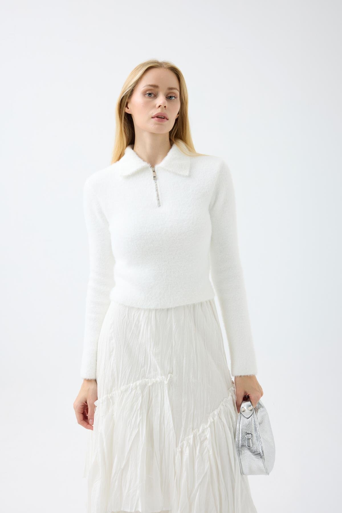 Joan Fermuarlı Triko Kazak - Beyaz 