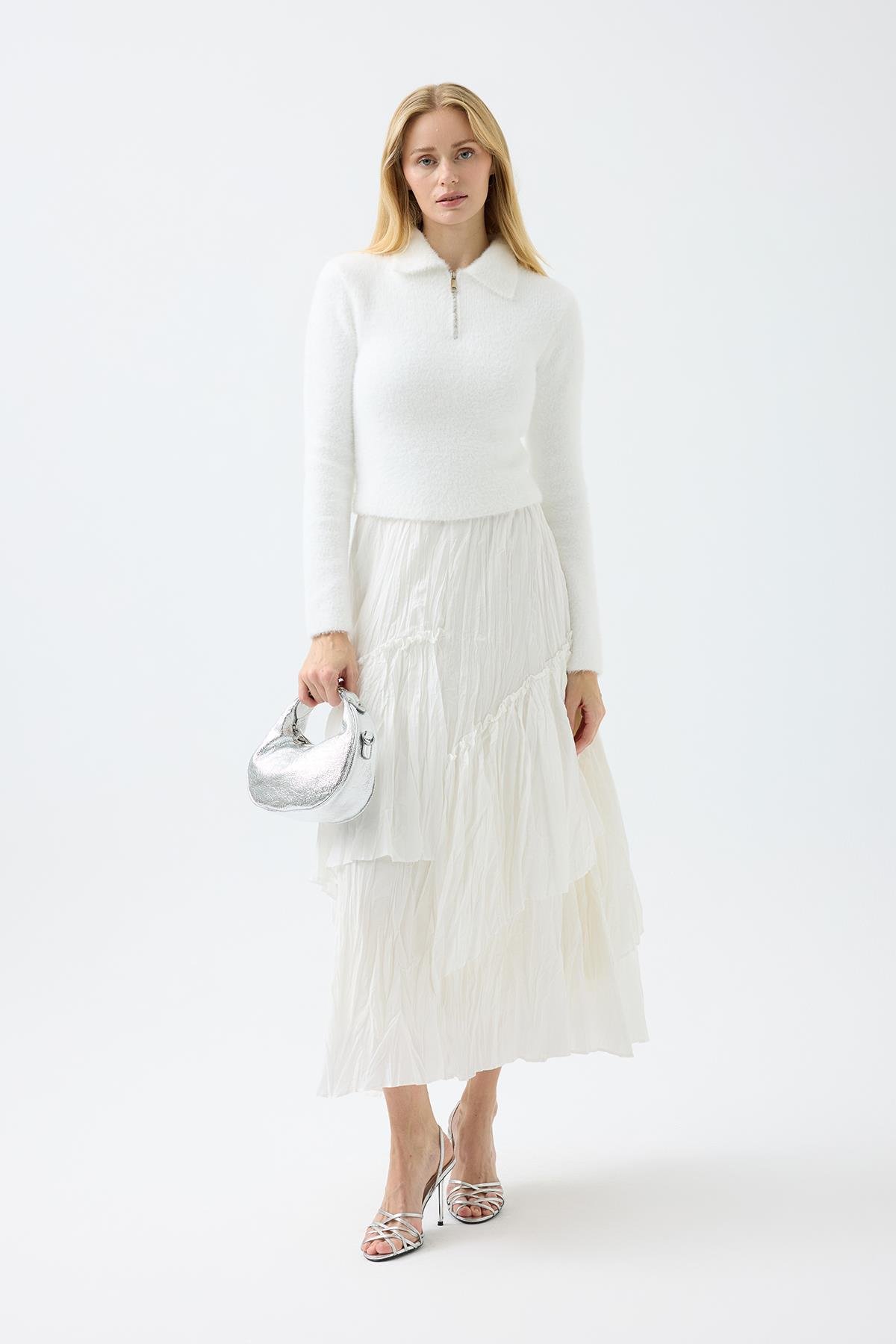 Joan Fermuarlı Triko Kazak - Beyaz 