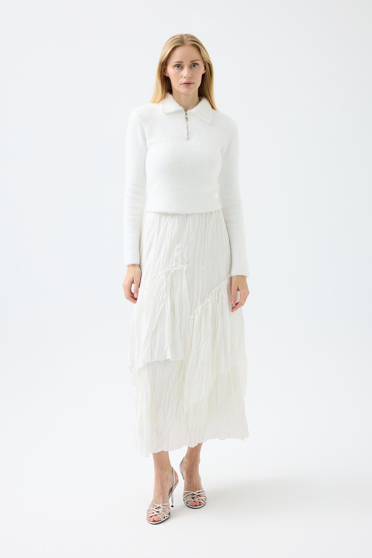 Joan Fermuarlı Triko Kazak - Beyaz 