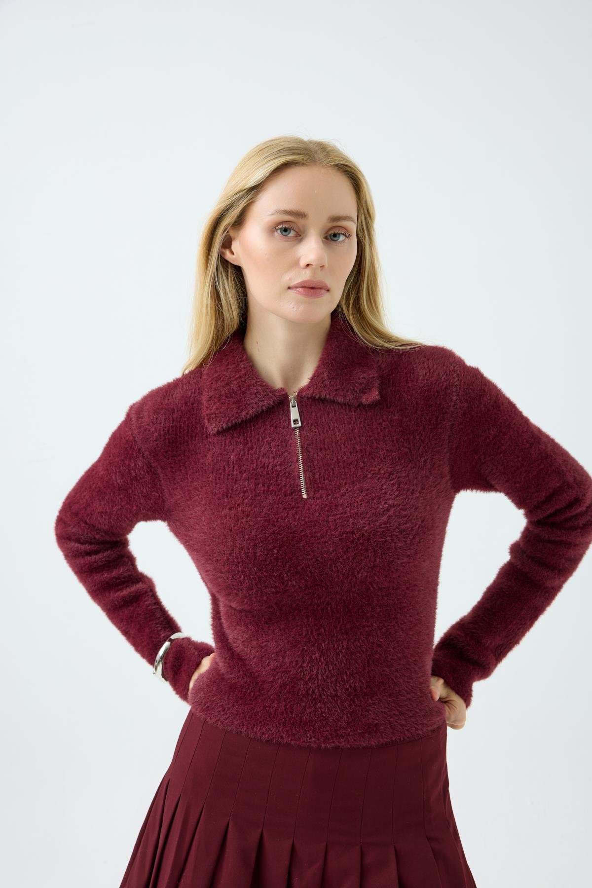 Joan Fermuarlı Triko Kazak - Bordo