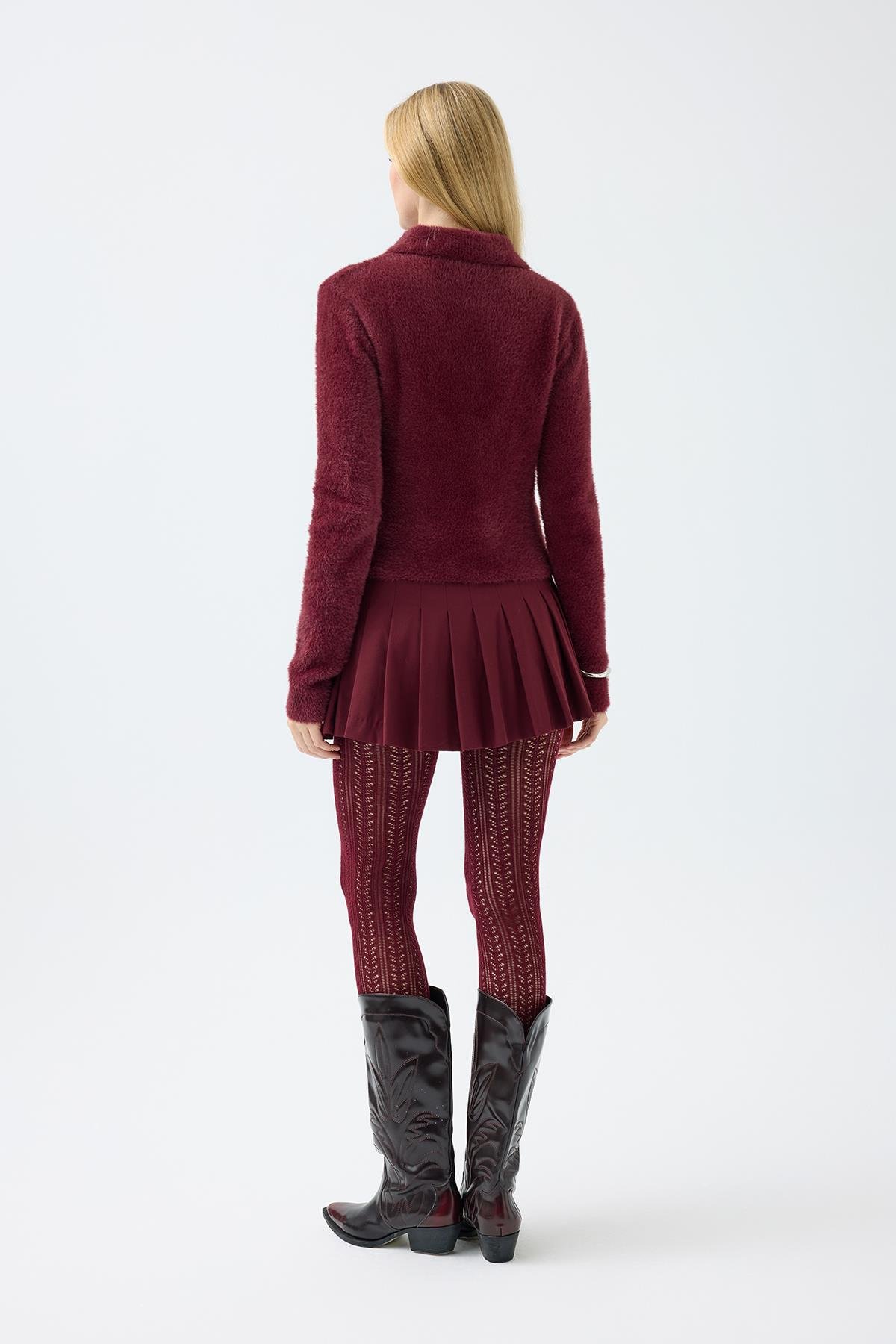 Joan Fermuarlı Triko Kazak - Bordo