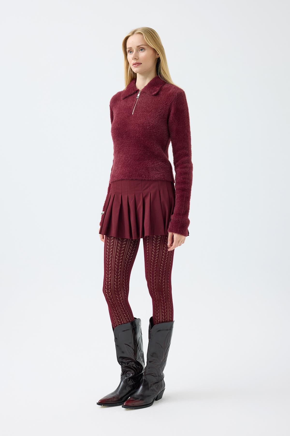 Joan Fermuarlı Triko Kazak - Bordo