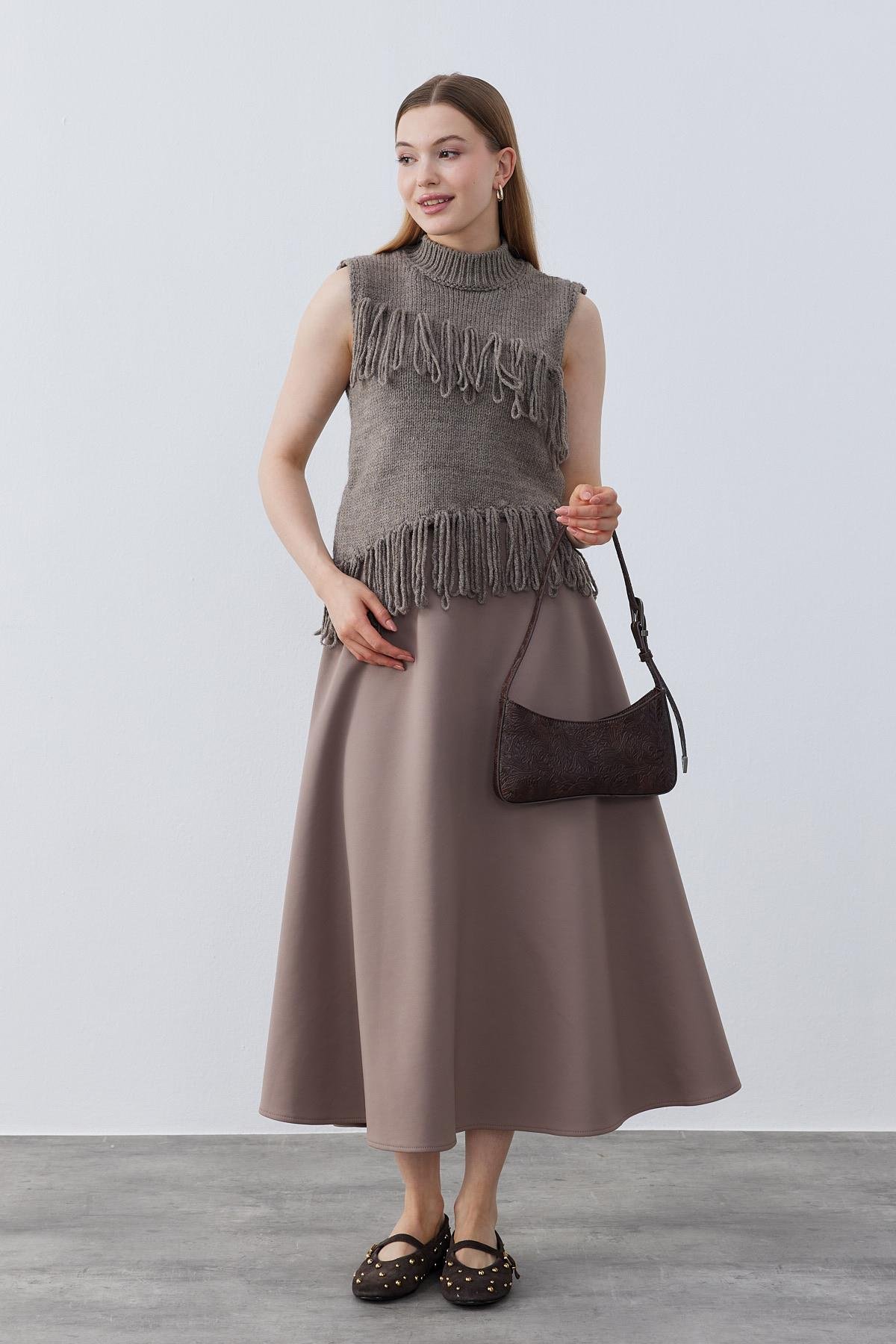 Josie Püsküllü Örme Süveter- Koyu vizon