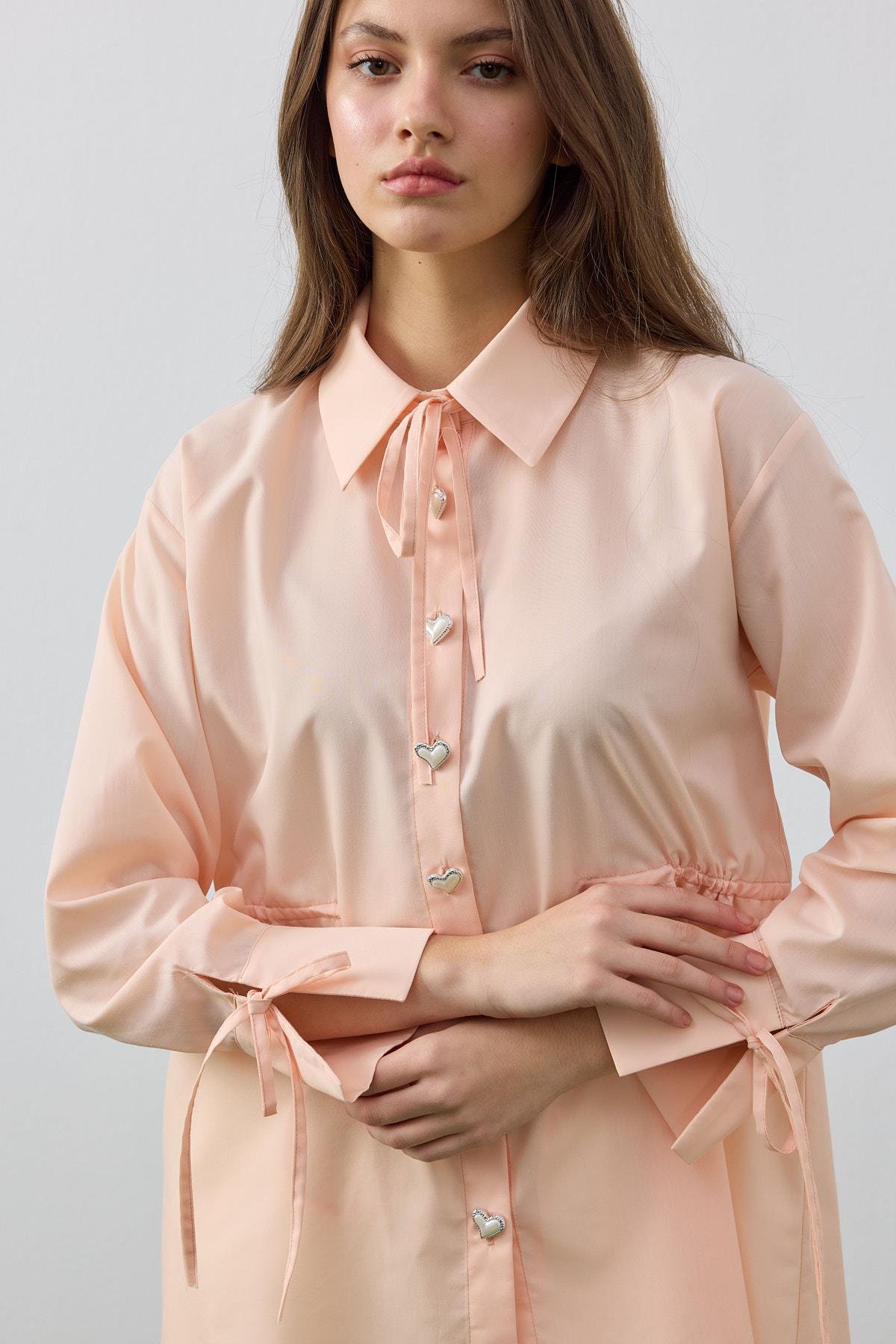 June Kalp Düğmeli Bel Ayarlı Gömlek- Kavuniçi 