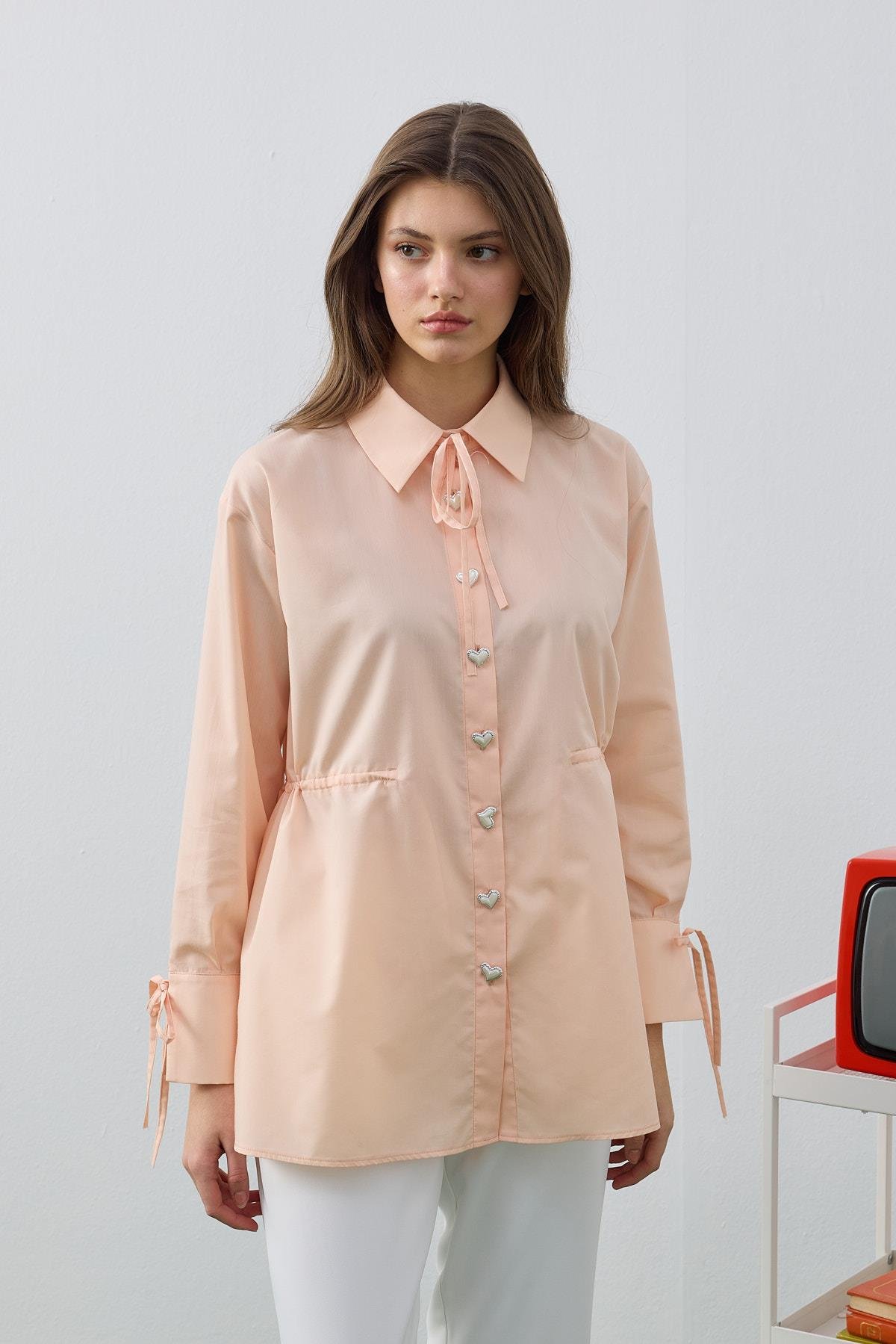 June Kalp Düğmeli Bel Ayarlı Gömlek- Kavuniçi 