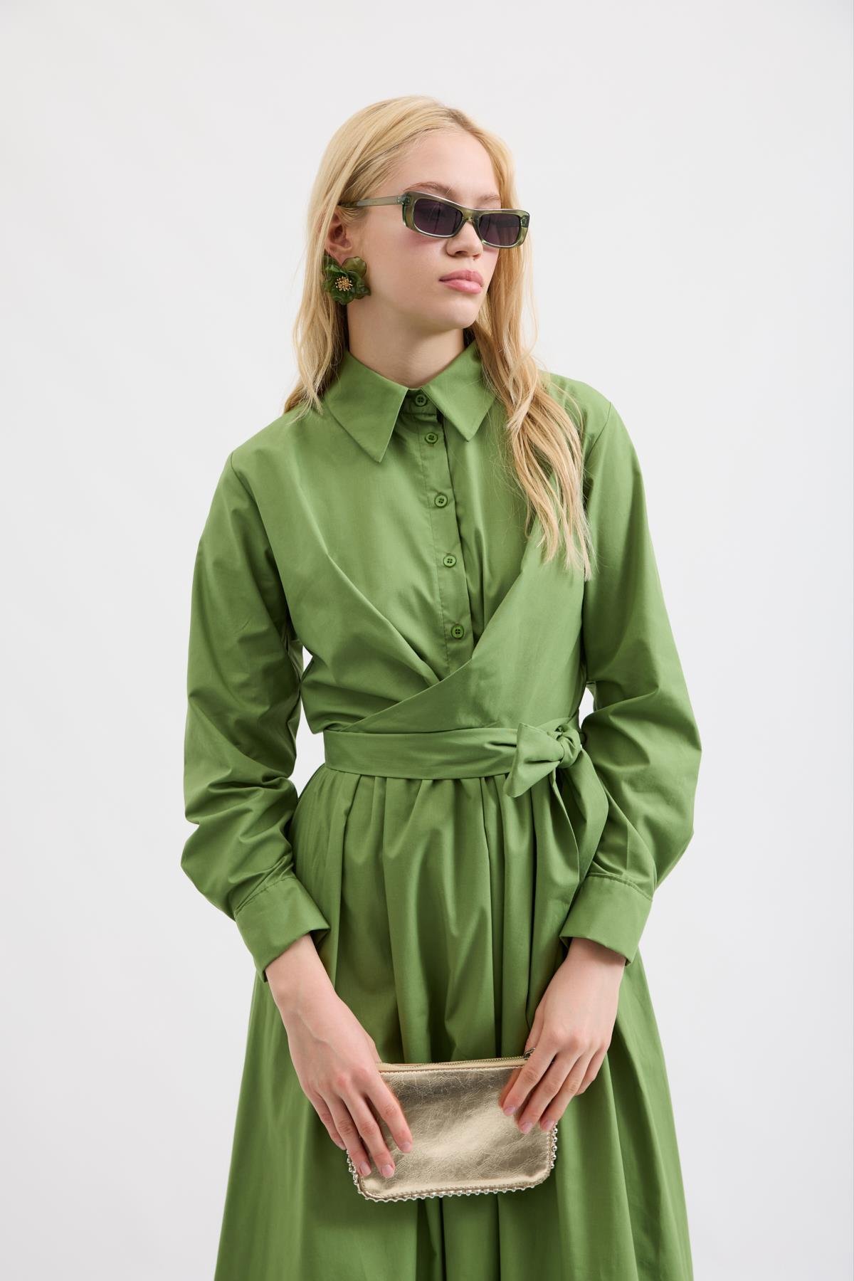 Kate Belden Bağlamalı Poplin Elbise- Haki