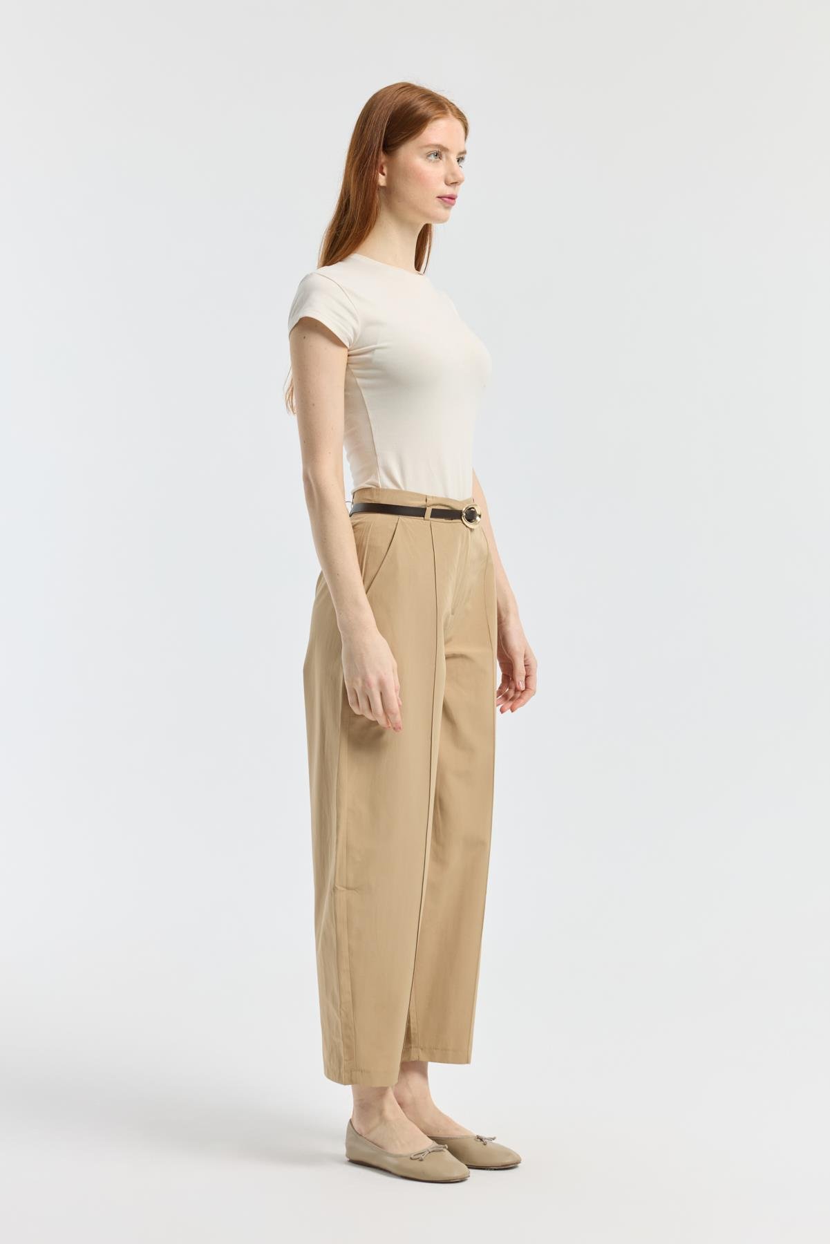 Kemerli Buggy Poplin Pantolon - Camel