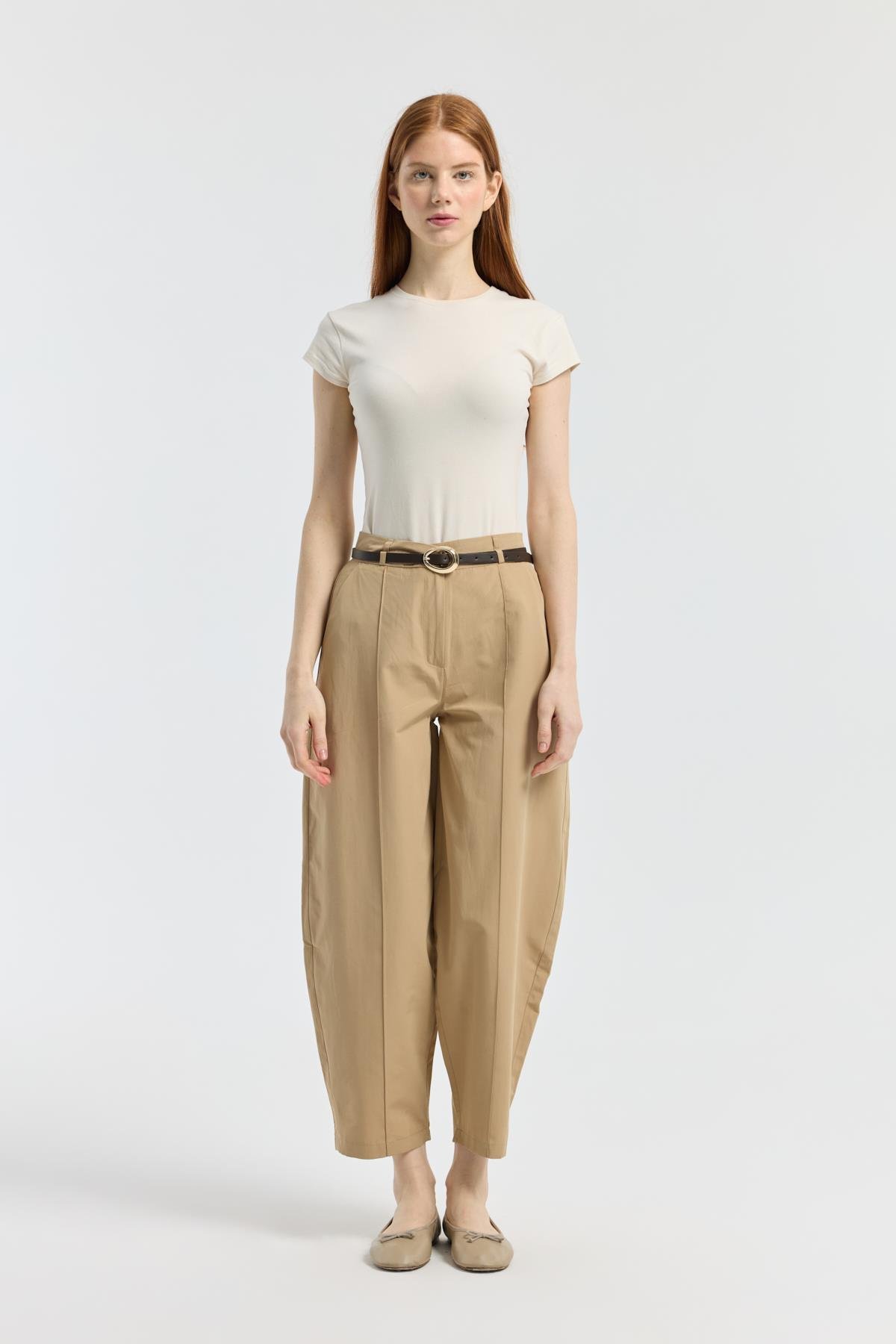 Kemerli Buggy Poplin Pantolon - Camel
