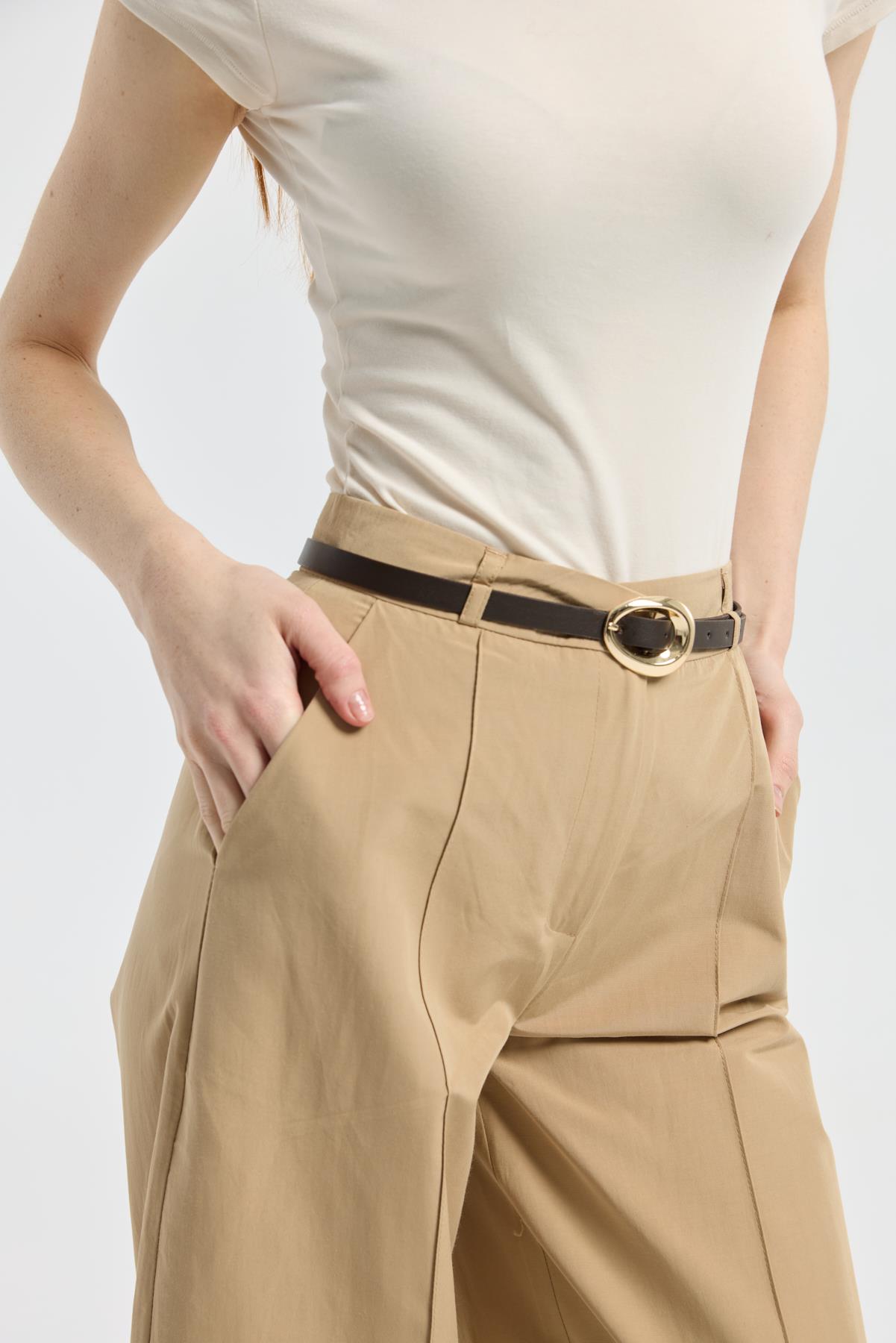 Kemerli Buggy Poplin Pantolon - Camel