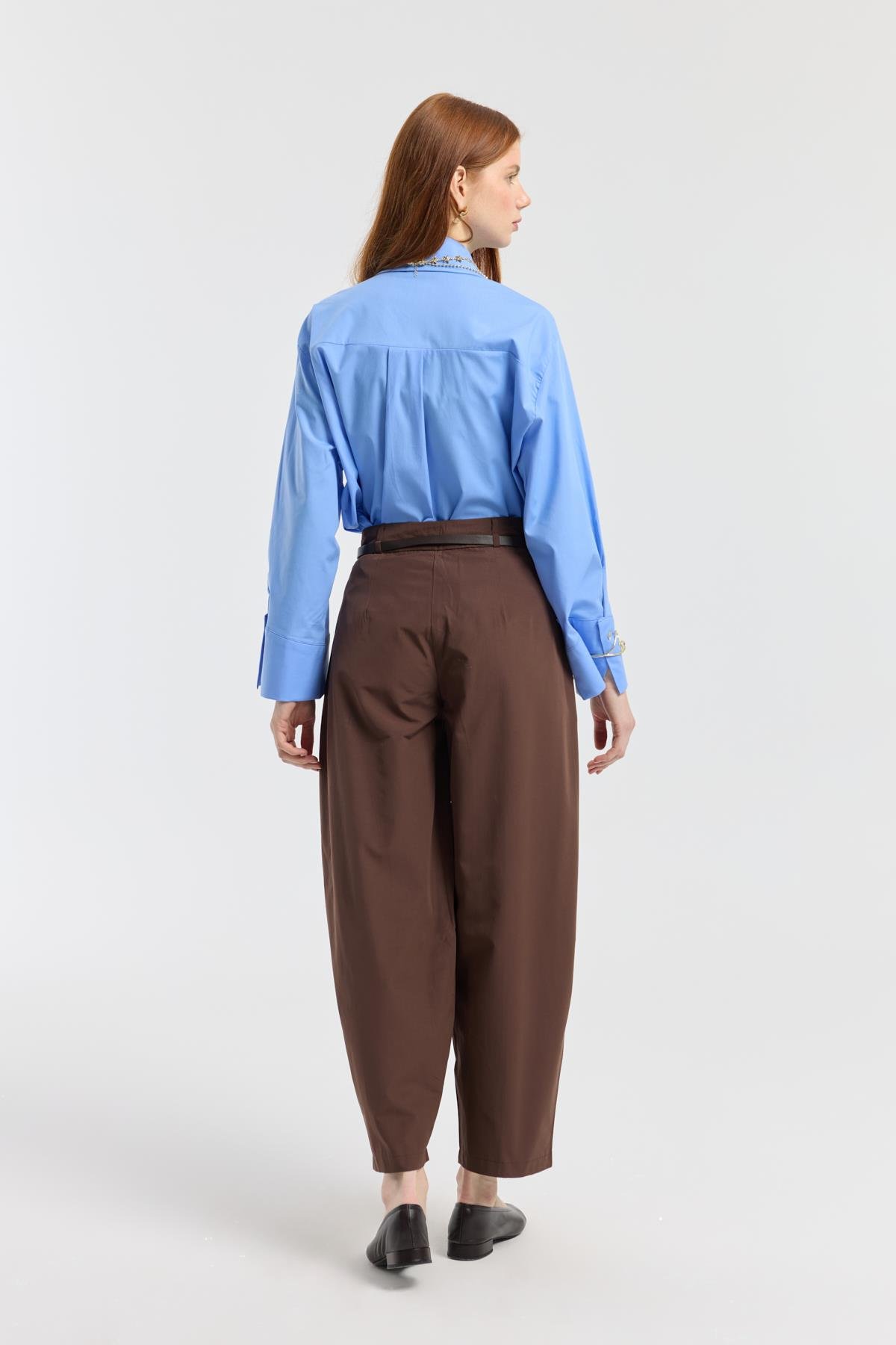 Kemerli Buggy Poplin Pantolon - Kahverengi