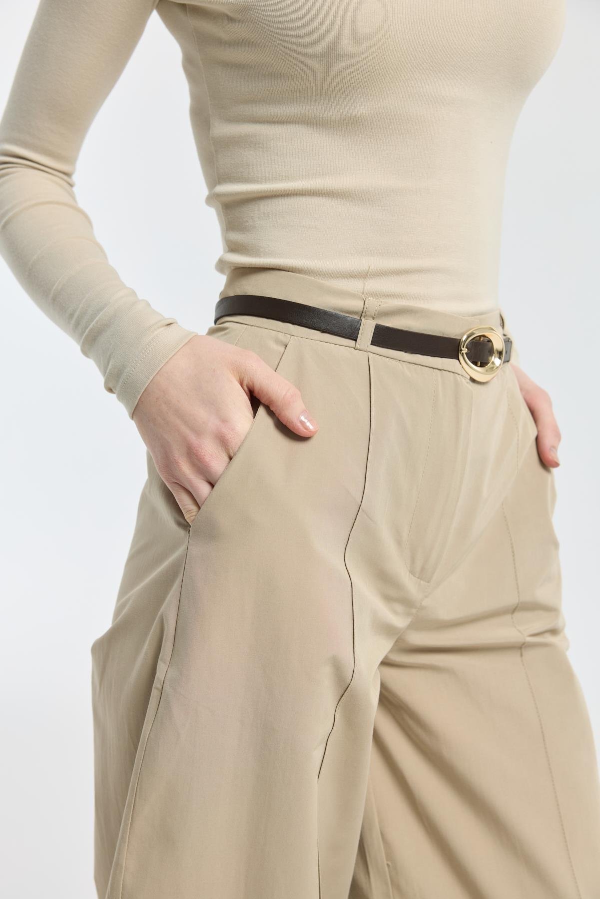 Kemerli Buggy Poplin Pantolon - Taş