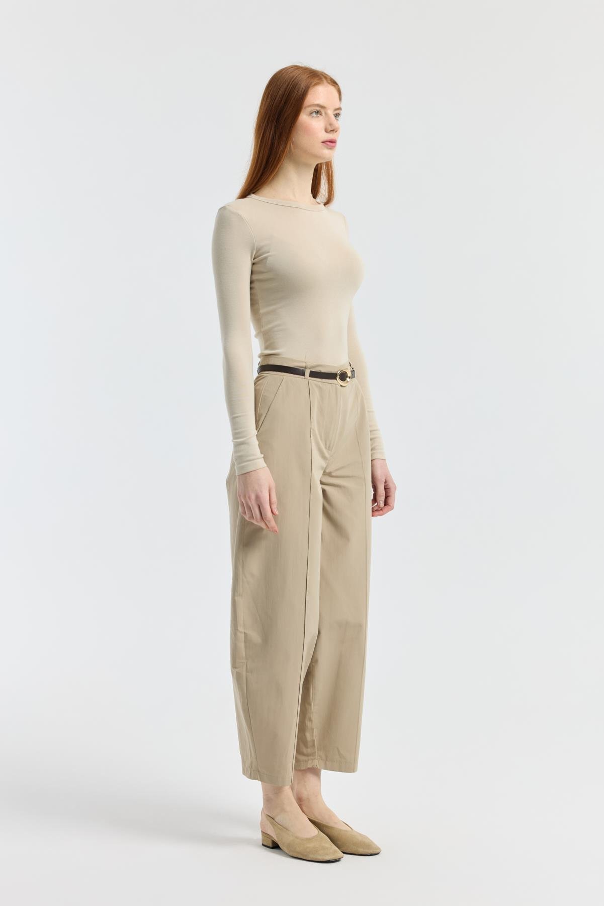 Kemerli Buggy Poplin Pantolon - Taş