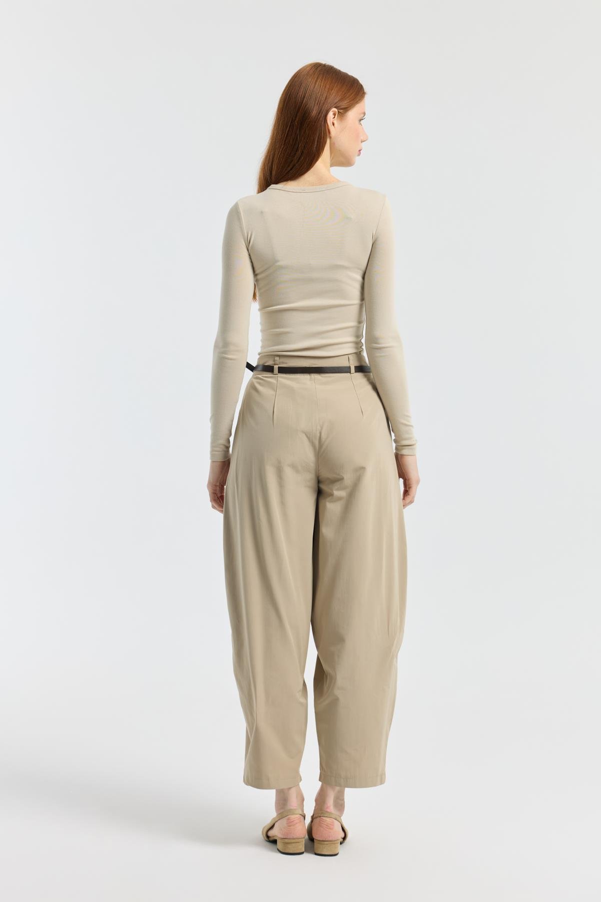 Kemerli Buggy Poplin Pantolon - Taş