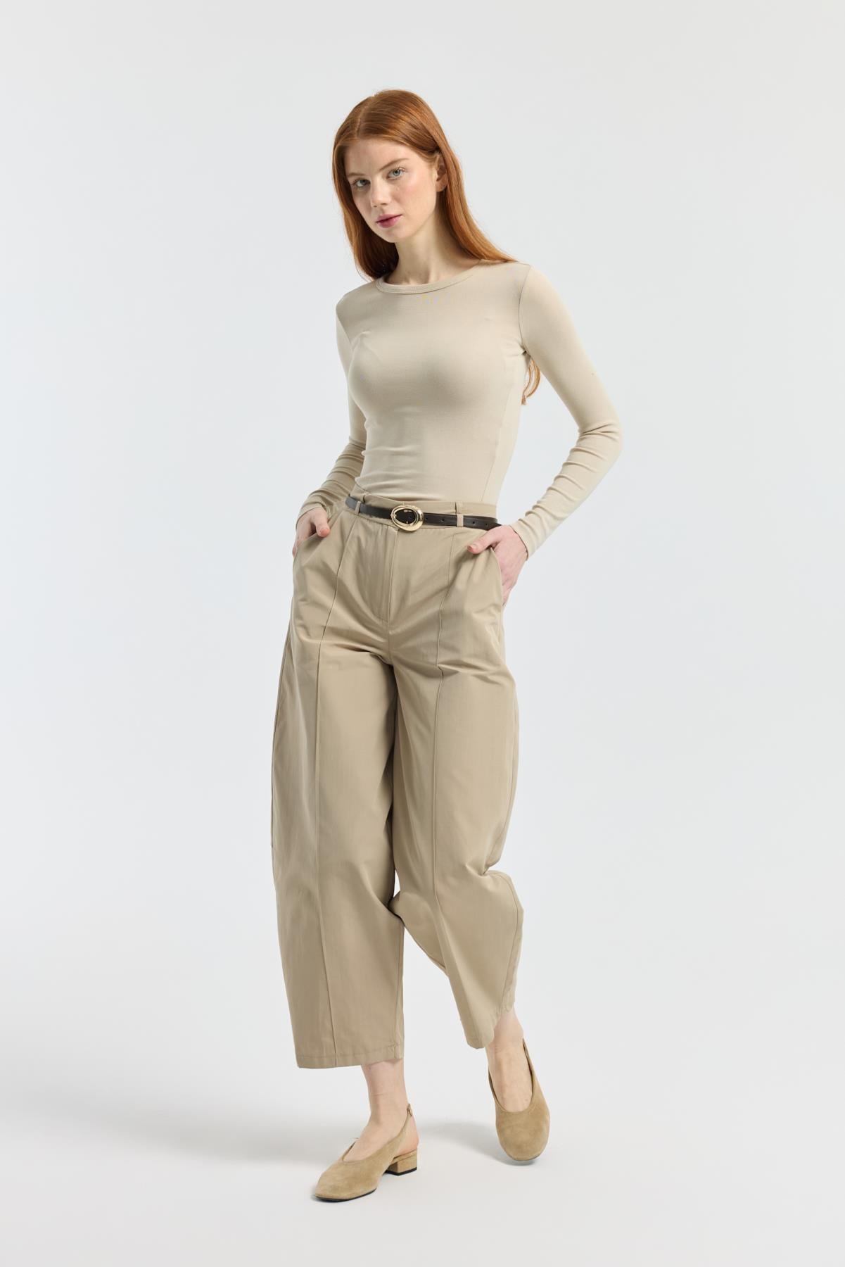 Kemerli Buggy Poplin Pantolon - Taş