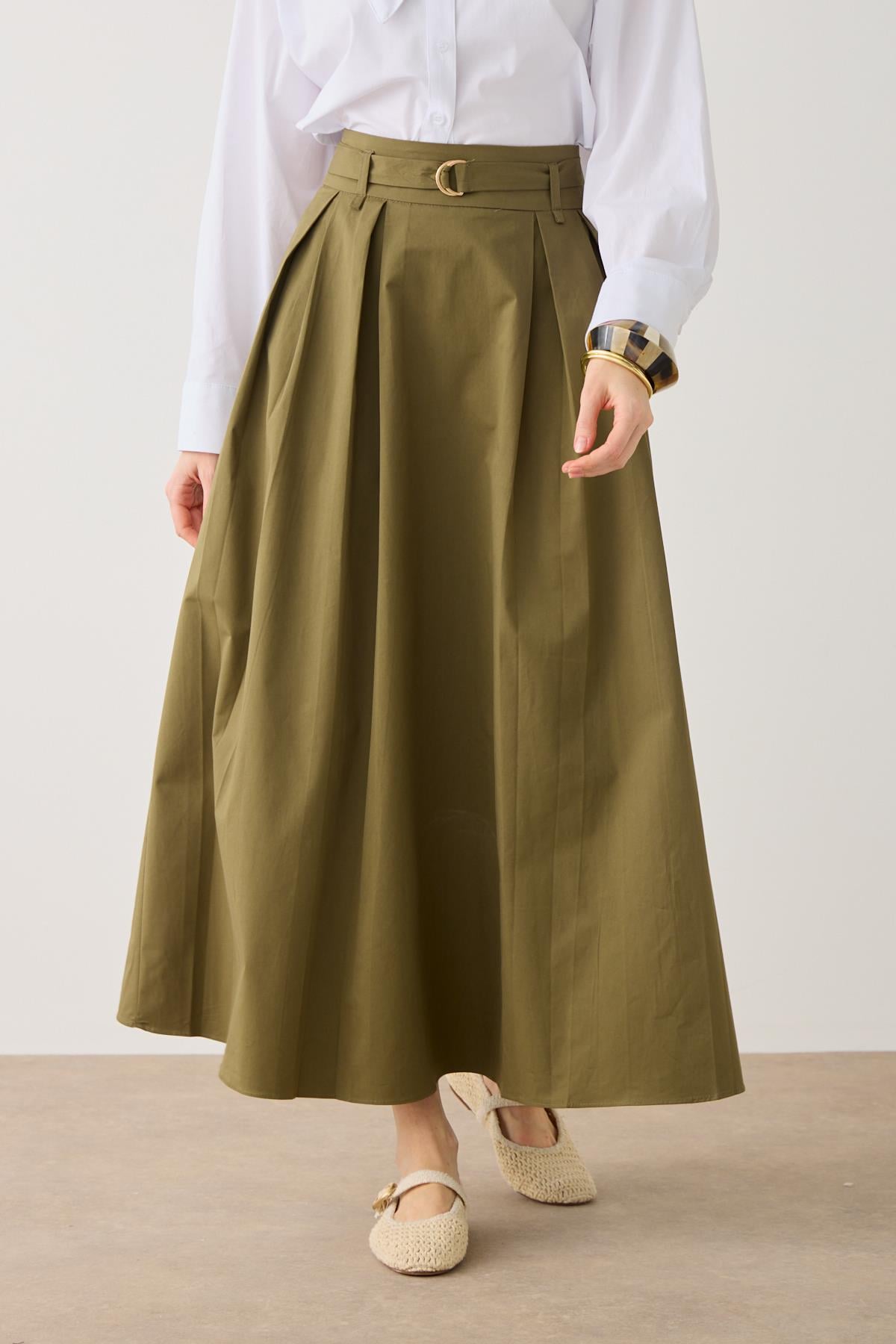 Kemerli Poplin Pileli Maxi Boy Etek - Yeşil