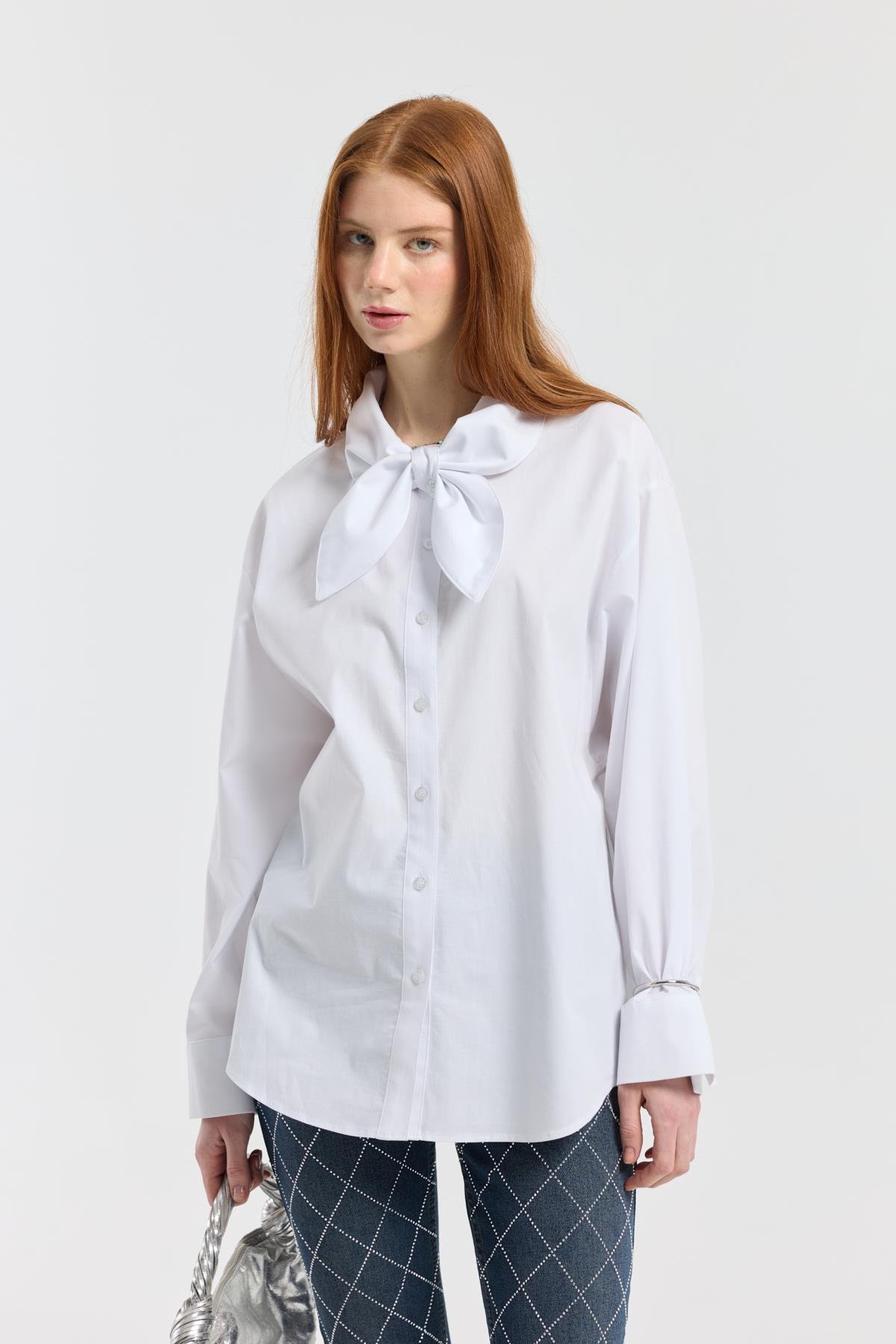 Kravatlı Poplin Gömlek - Beyaz