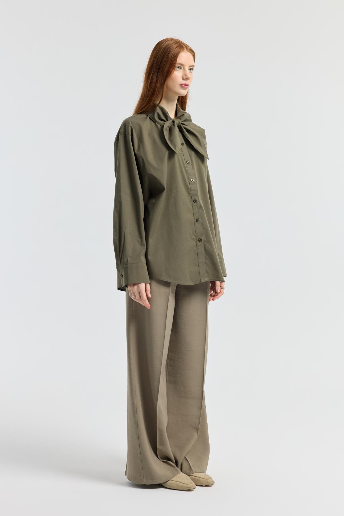 Kravatlı Poplin Gömlek - Haki 