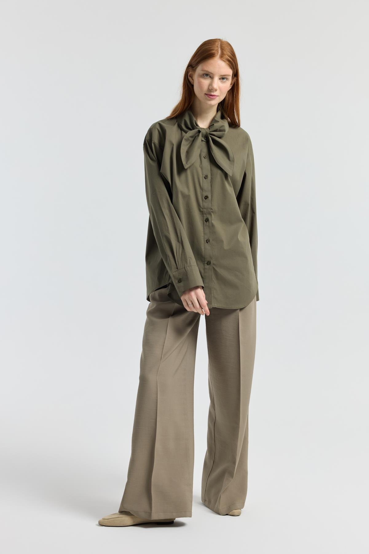 Kravatlı Poplin Gömlek - Haki 