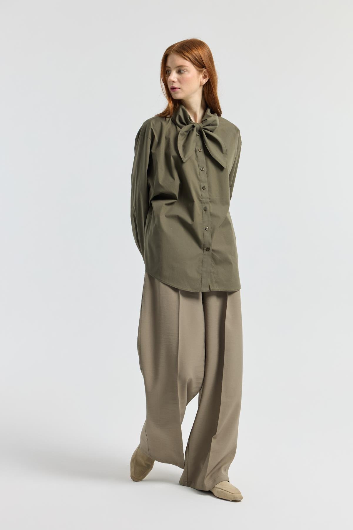 Kravatlı Poplin Gömlek - Haki 