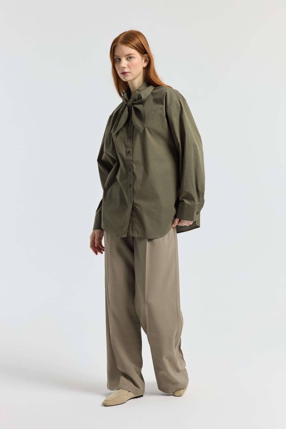 Kravatlı Poplin Gömlek - Haki 