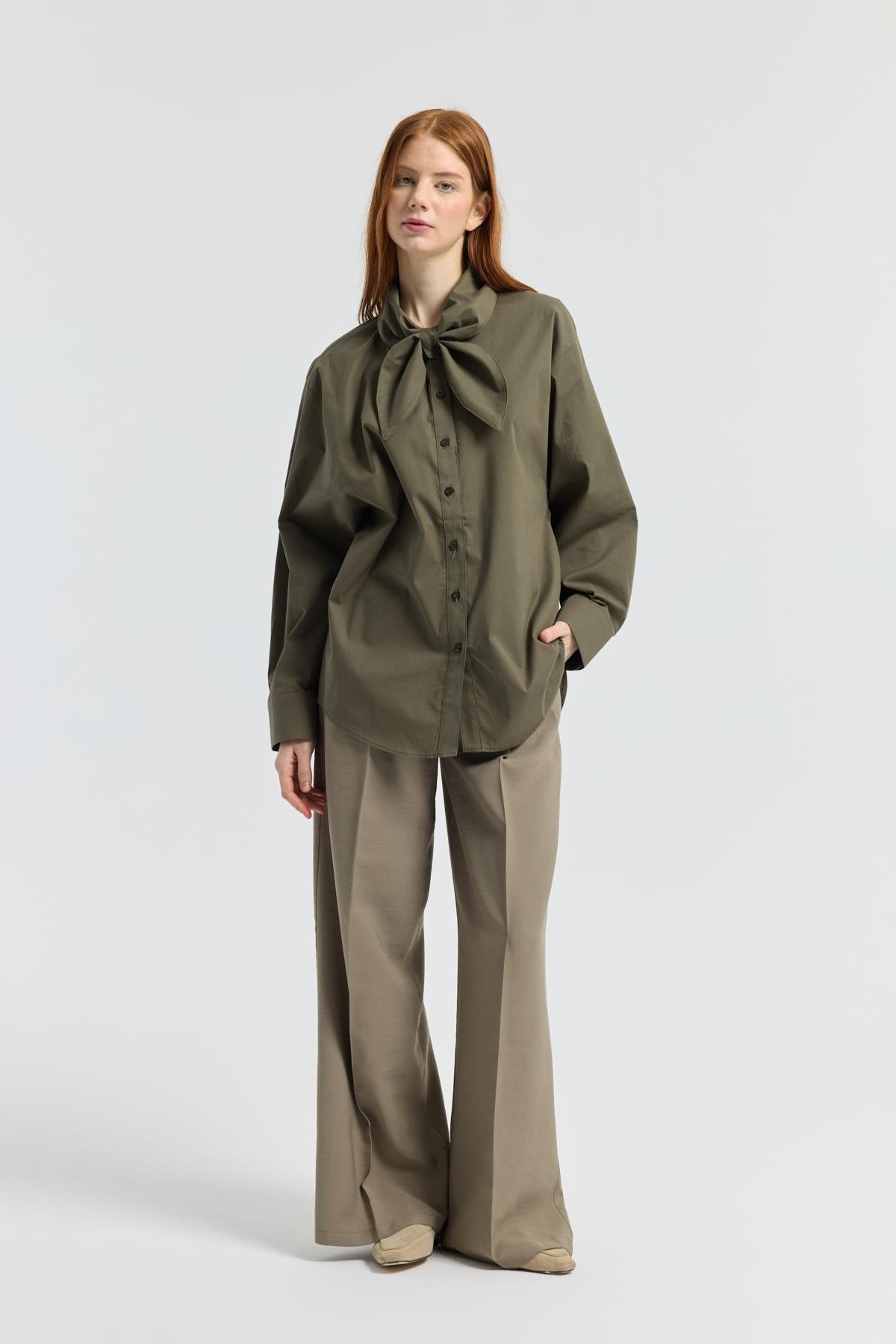 Kravatlı Poplin Gömlek - Haki 