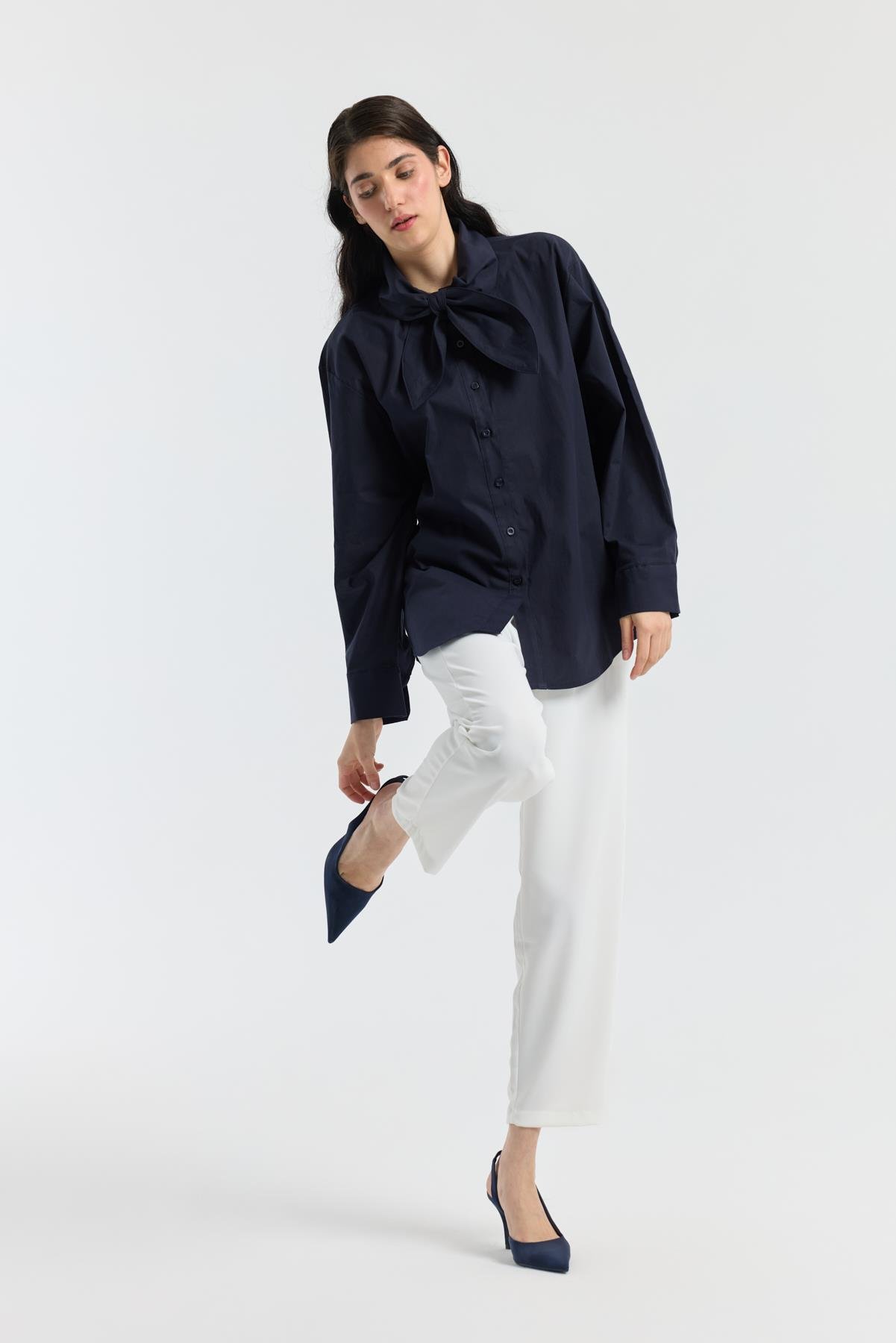 Kravatlı Poplin Gömlek - Lacivert