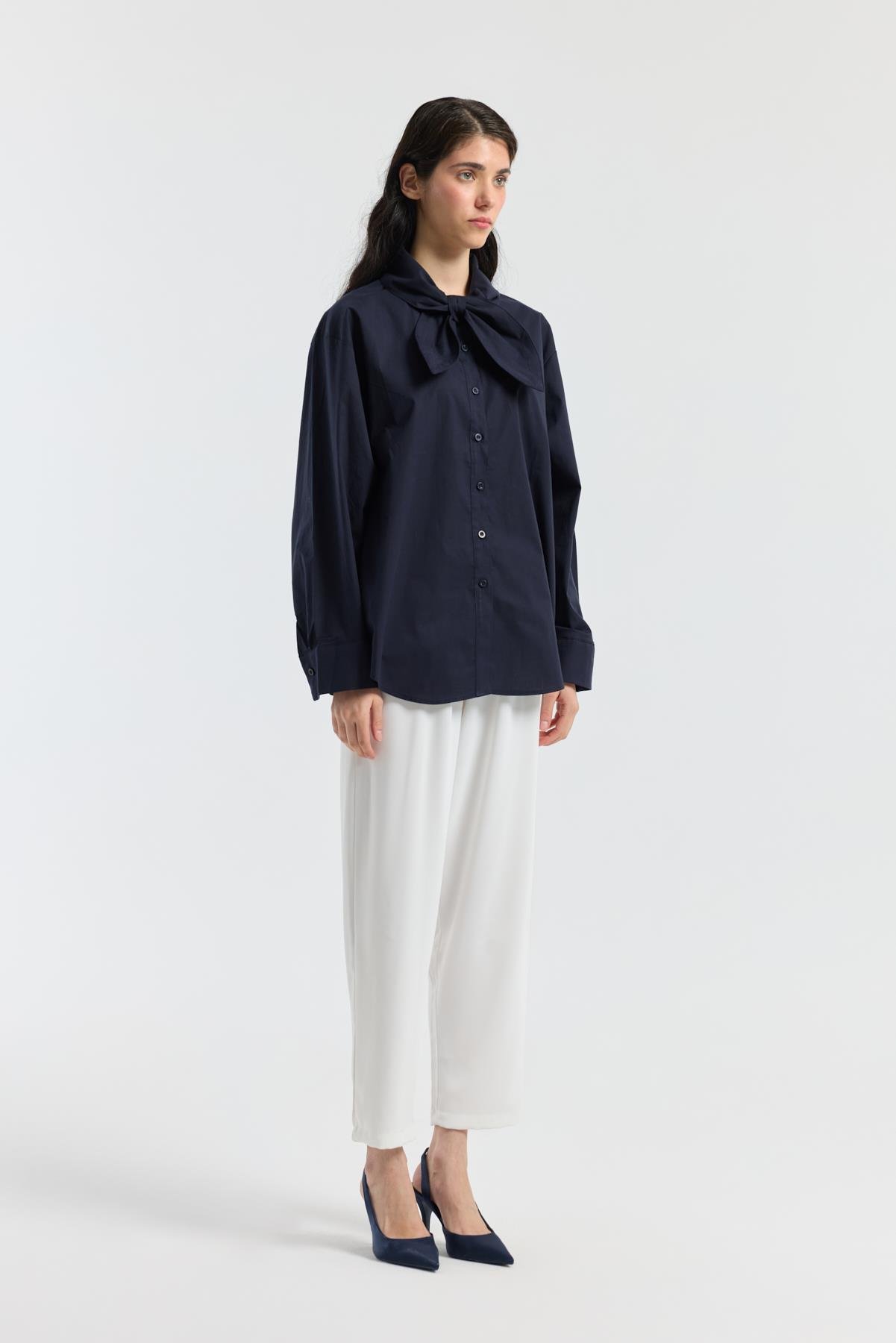 Kravatlı Poplin Gömlek - Lacivert