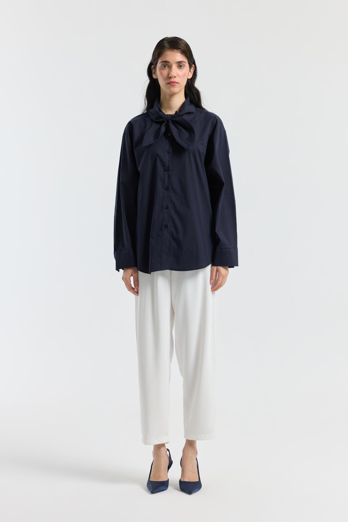 Kravatlı Poplin Gömlek - Lacivert