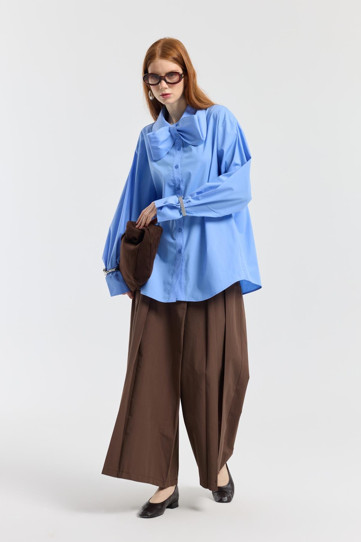 Kravatlı Poplin Gömlek - Mavi