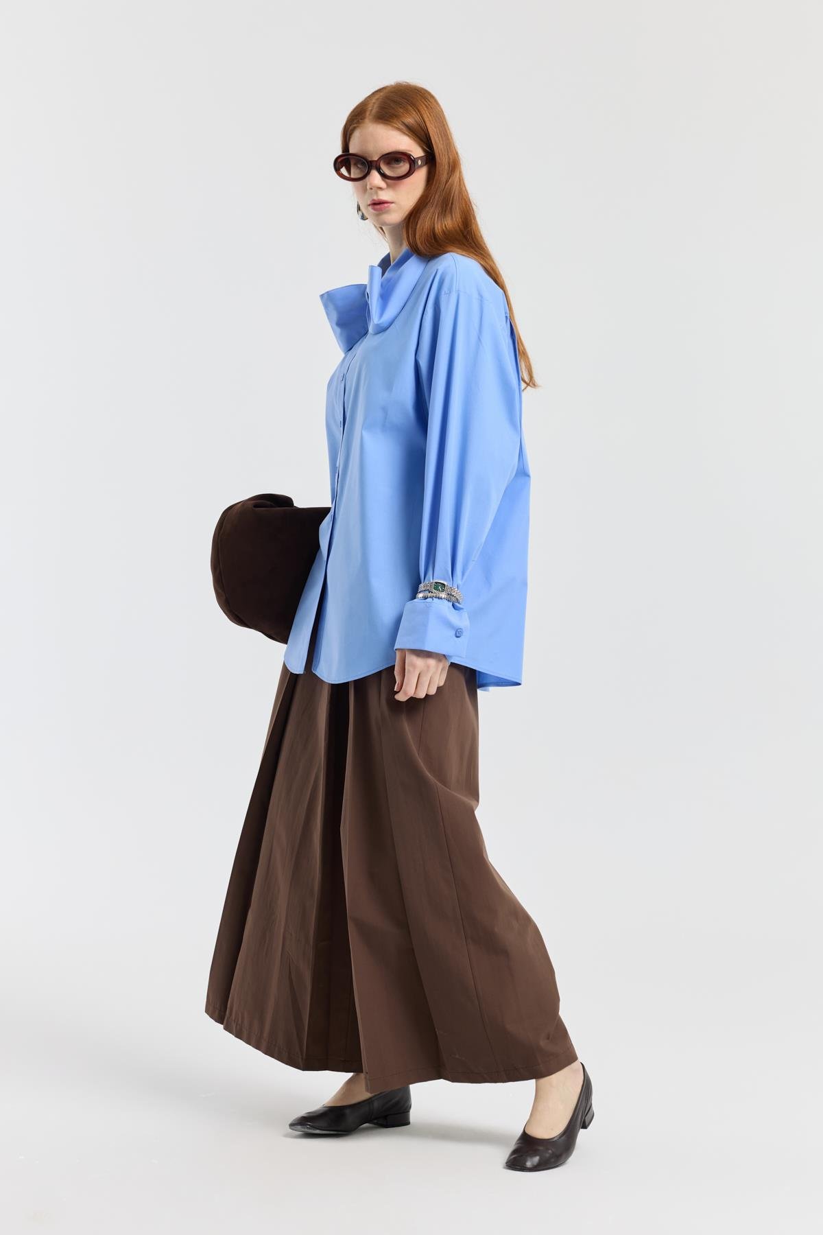 Kravatlı Poplin Gömlek - Mavi