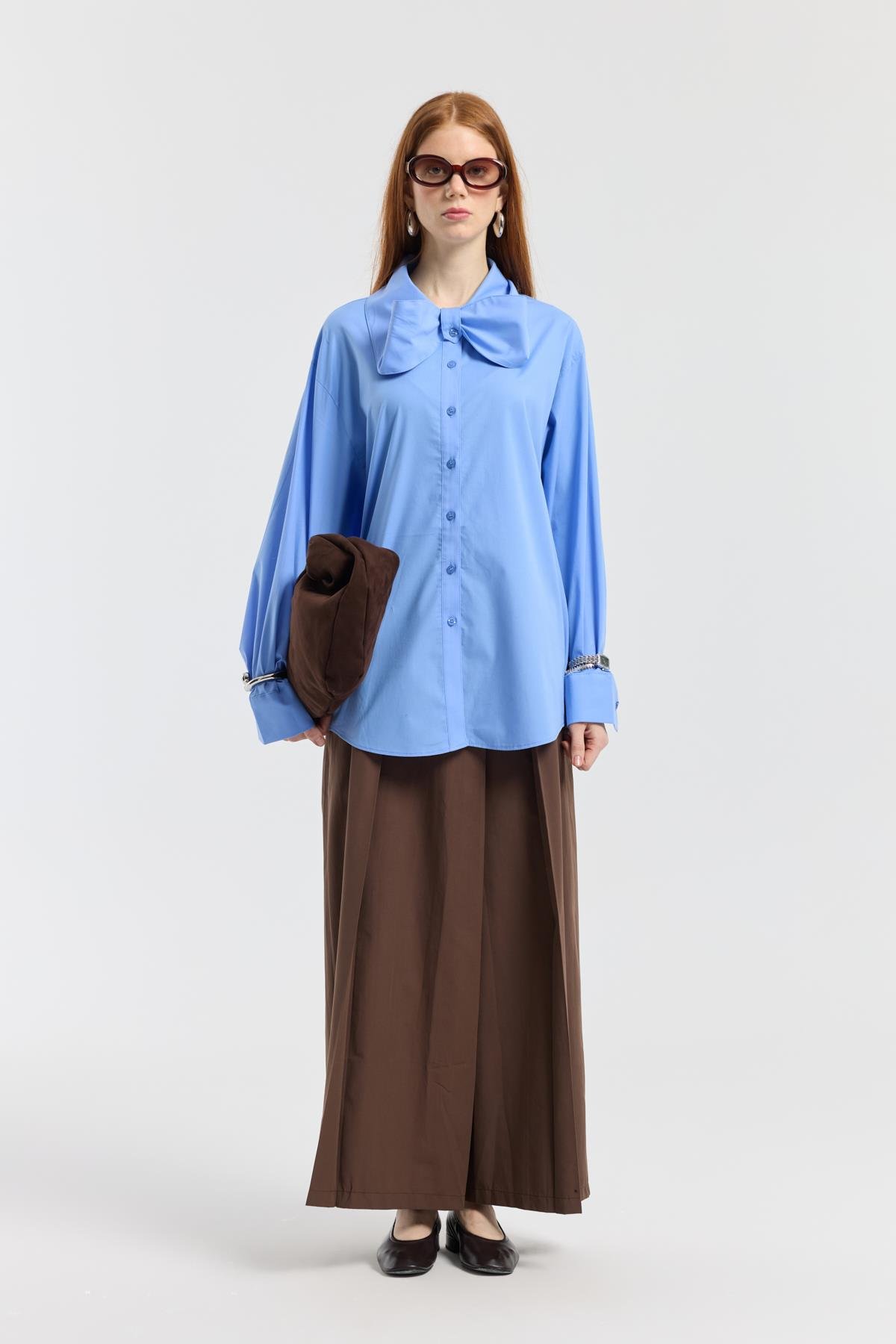 Kravatlı Poplin Gömlek - Mavi